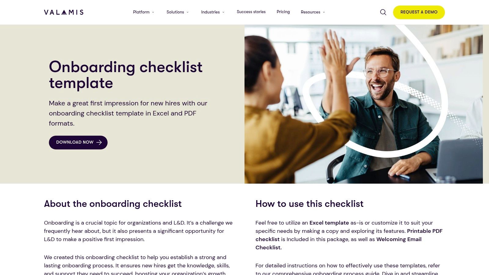 Valamis employee onboarding checklist template showing a welcome gesture