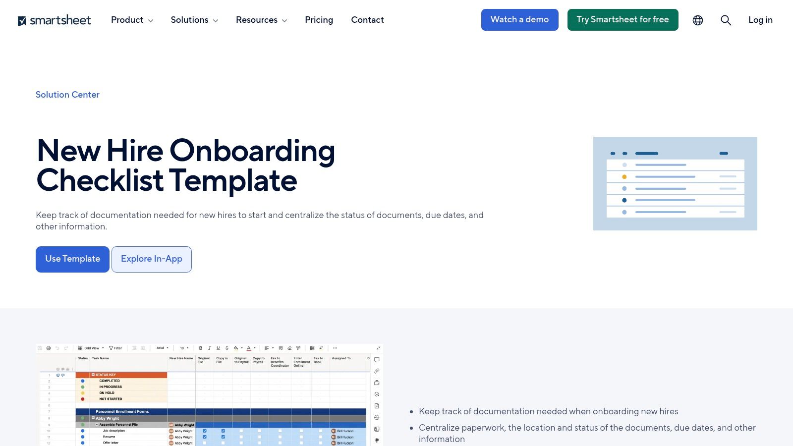 Smartsheet's new hire onboarding checklist template showing a grid view of tasks