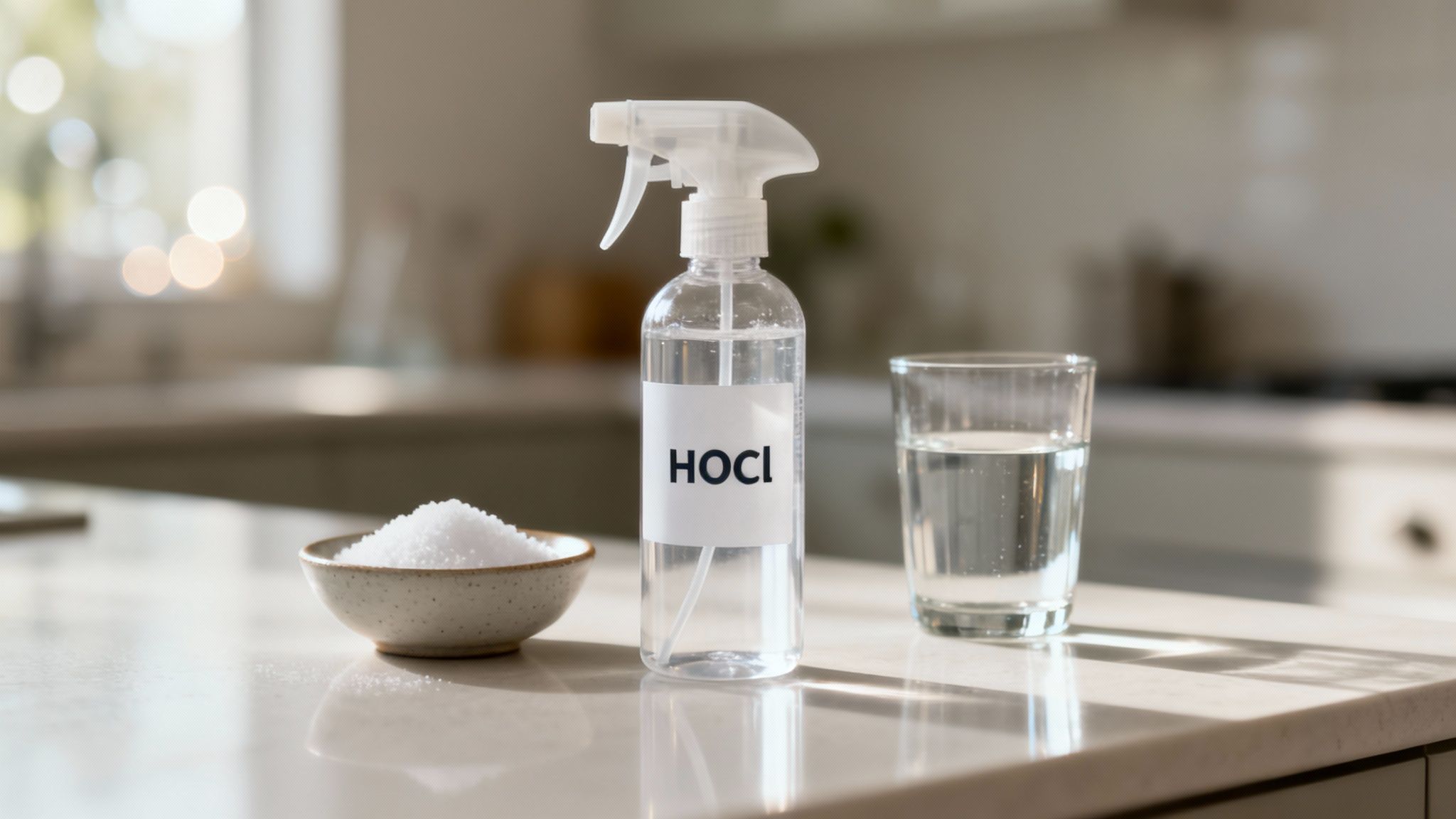 A clean, modern kitchen with a spray bottle of pet-safe cleaner on the countertop, suggesting a simple and effective solution.