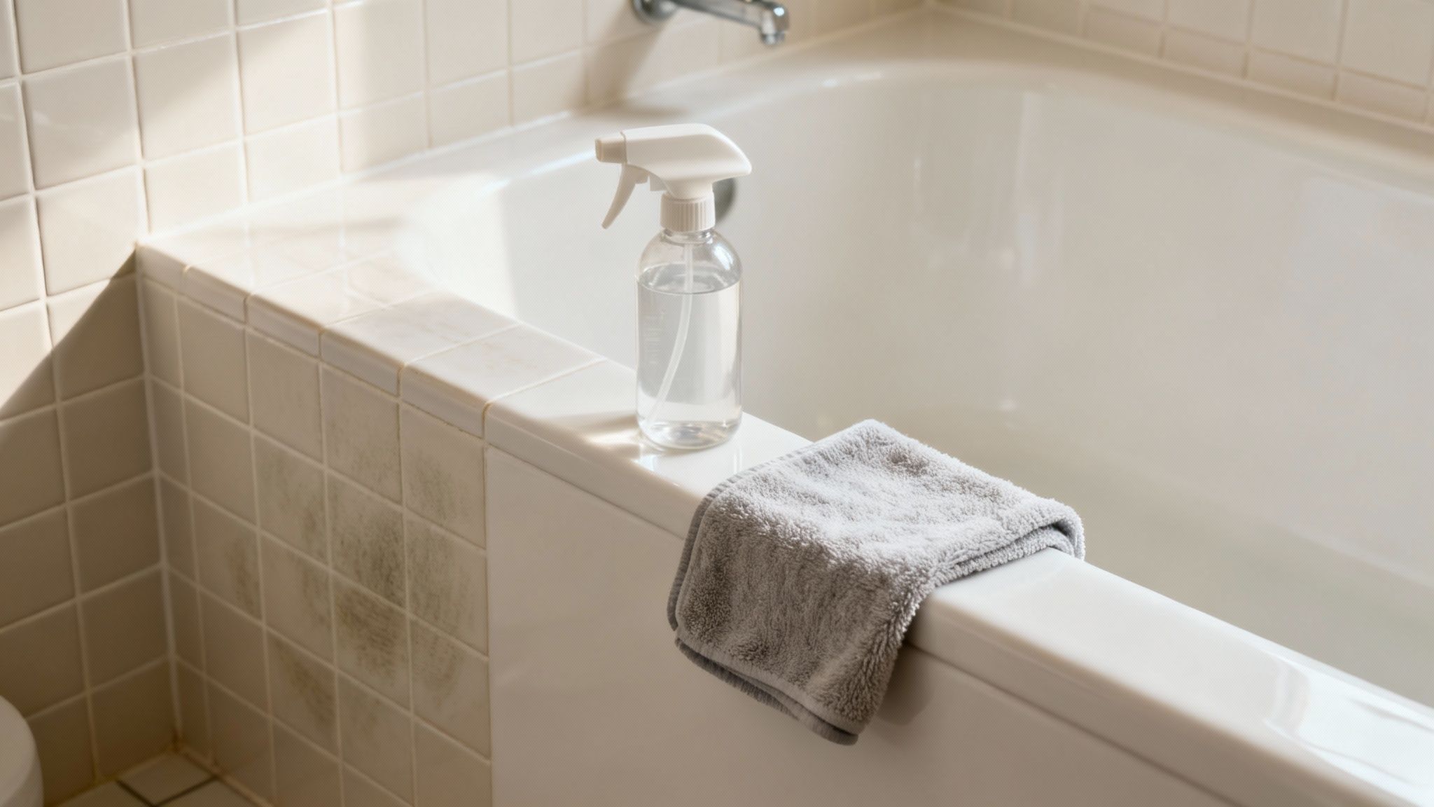 Clear spray bottle and folded gray towel on clean white bathtub edge ready for cleaning