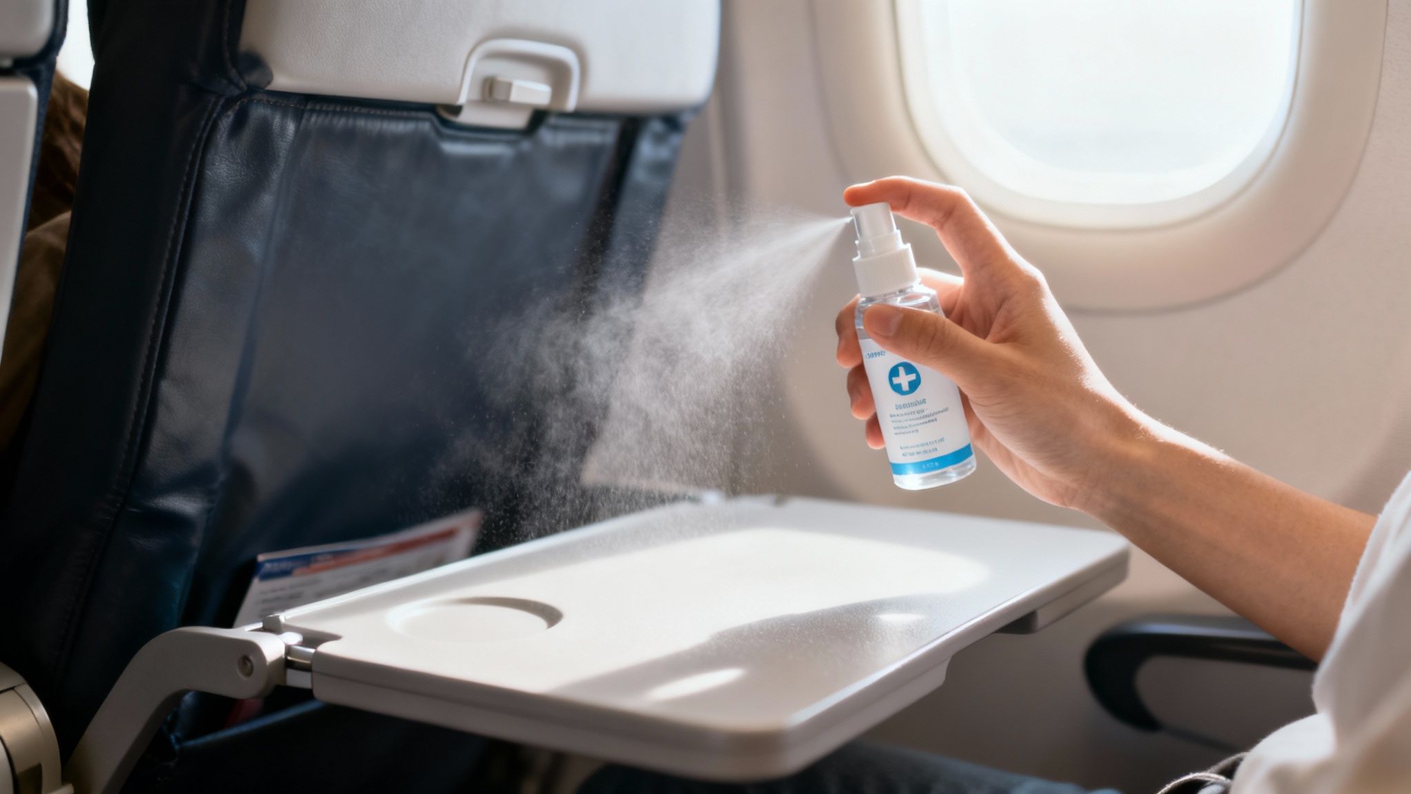 A person sprays a travel size disinfectant spray on a hotel room light switch.