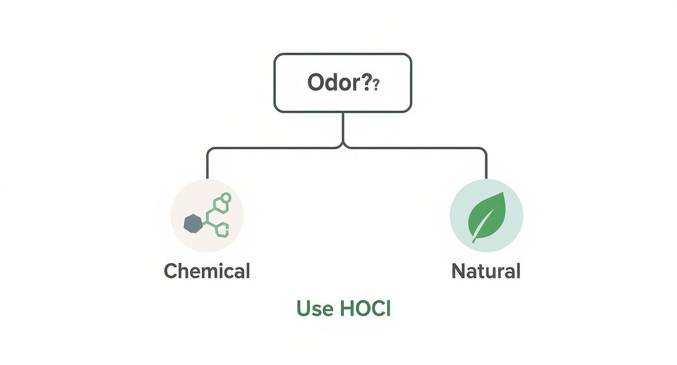A flowchart diagram asking about 'Odor??', branching to 'Chemical' and 'Natural', concluding with 'Use HOCl'.