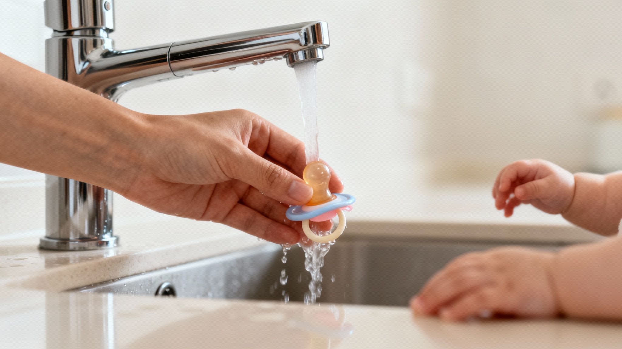 A hand cleaning a baby's colorful pacifier under running water in a kitchen sink.