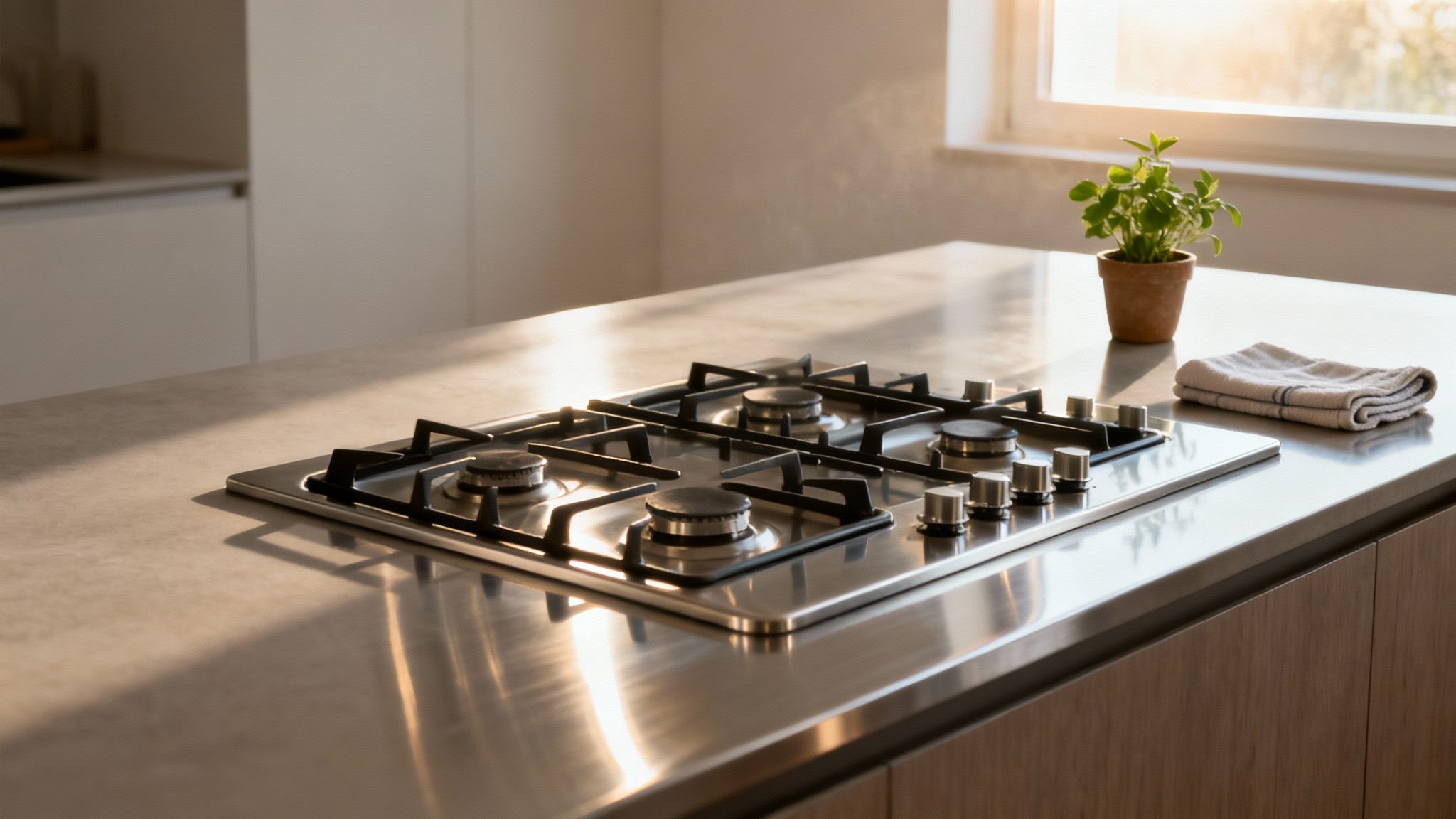 A clean, modern kitchen featuring a stainless steel gas cooktop, a plant, and a folded towel.
