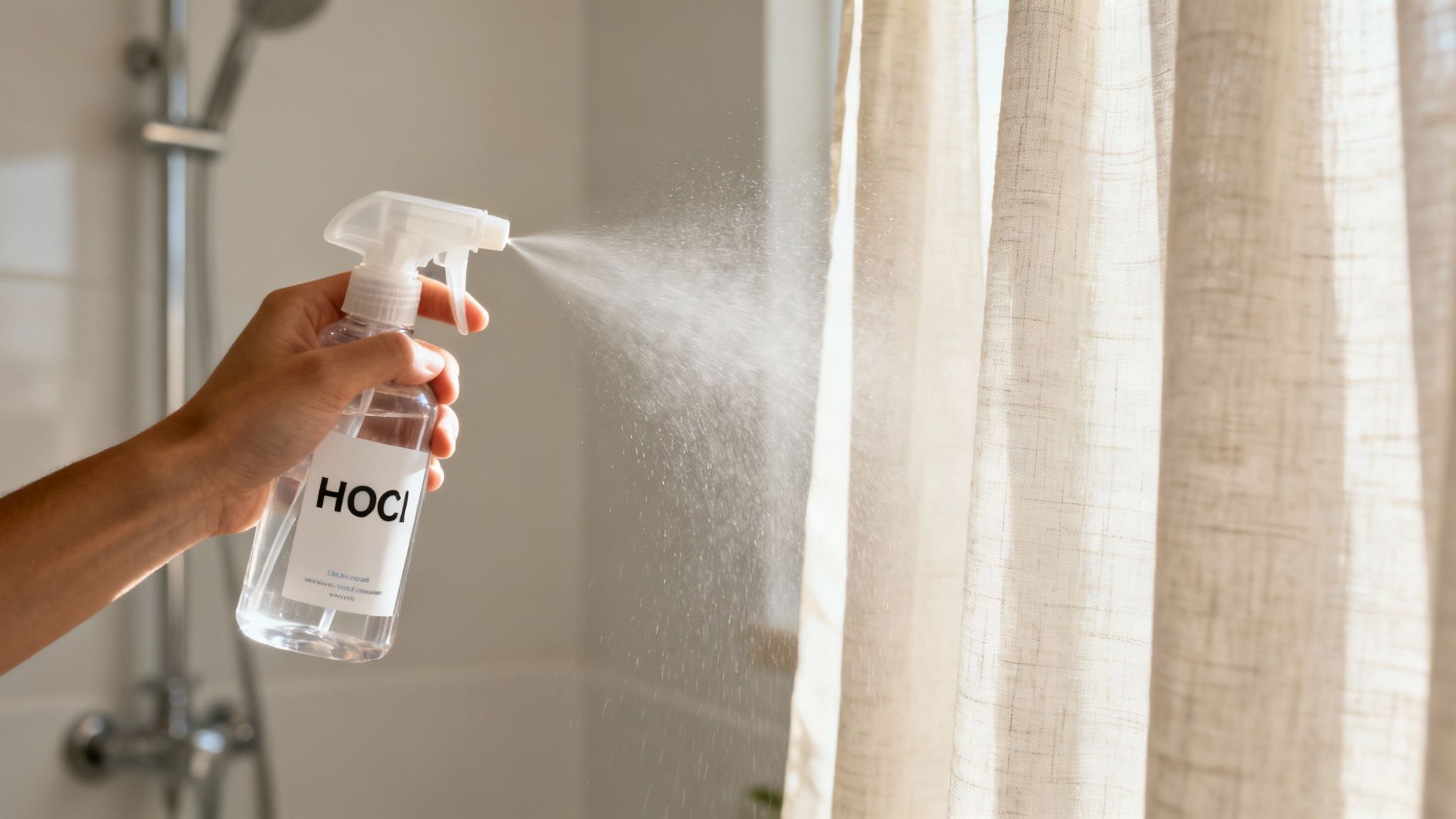 Hand spraying HOCl solution from a bottle onto a light-colored shower curtain.