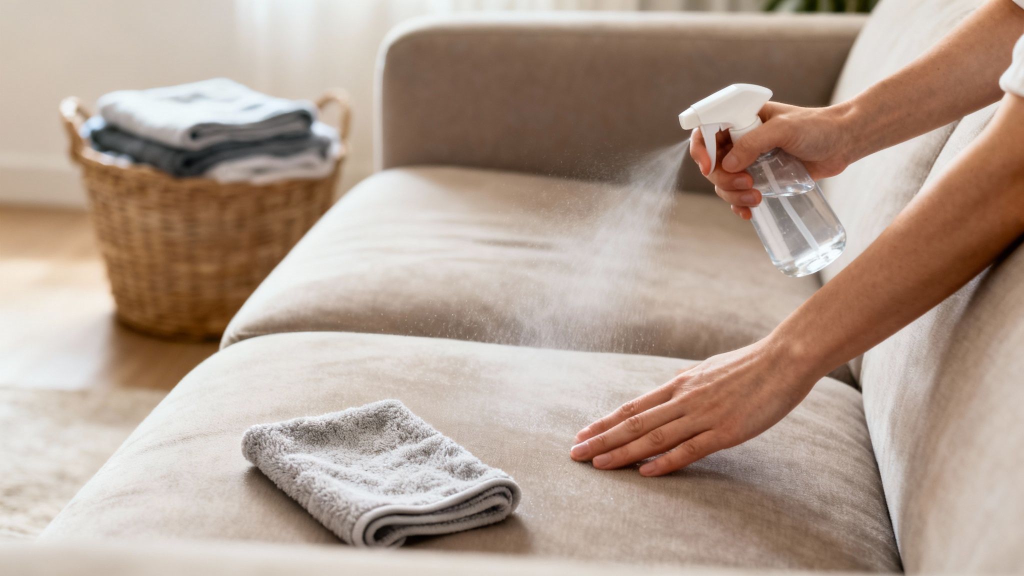 Person spraying a light brown sofa with a cleaning solution from a bottle, next to a grey towel.