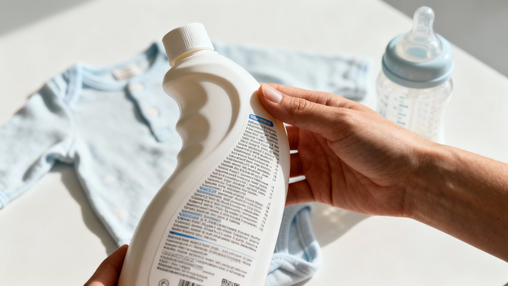 A person holds baby laundry detergent, with a blue onesie and baby bottle blurred in the background.