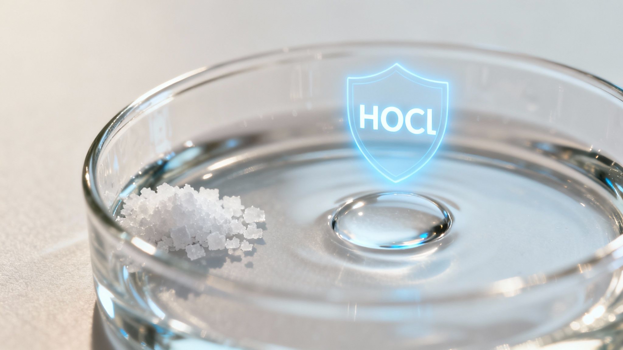 A petri dish with salt and water, featuring a glowing HOCL shield icon.