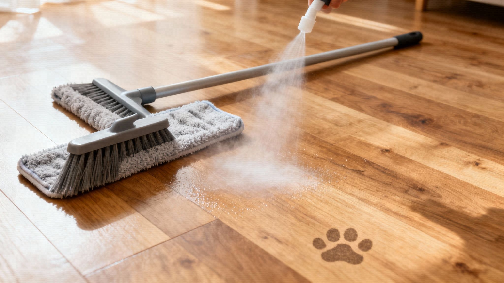 Person spray mopping hardwood floor with pet-safe cleaning solution near paw print stain