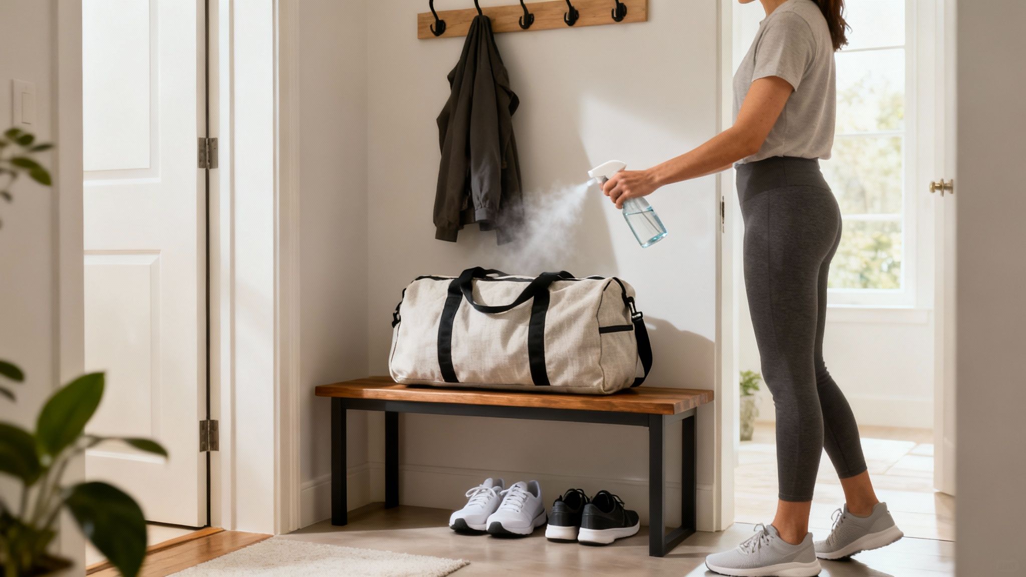 Person spraying a gym bag on a wooden bench in an entryway, with shoes below and a jacket on a coat rack.