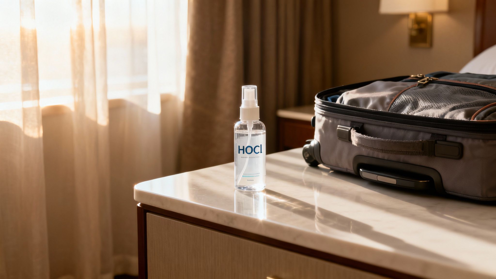 A bottle of HOCI disinfectant spray sits on a hotel counter next to an open suitcase.