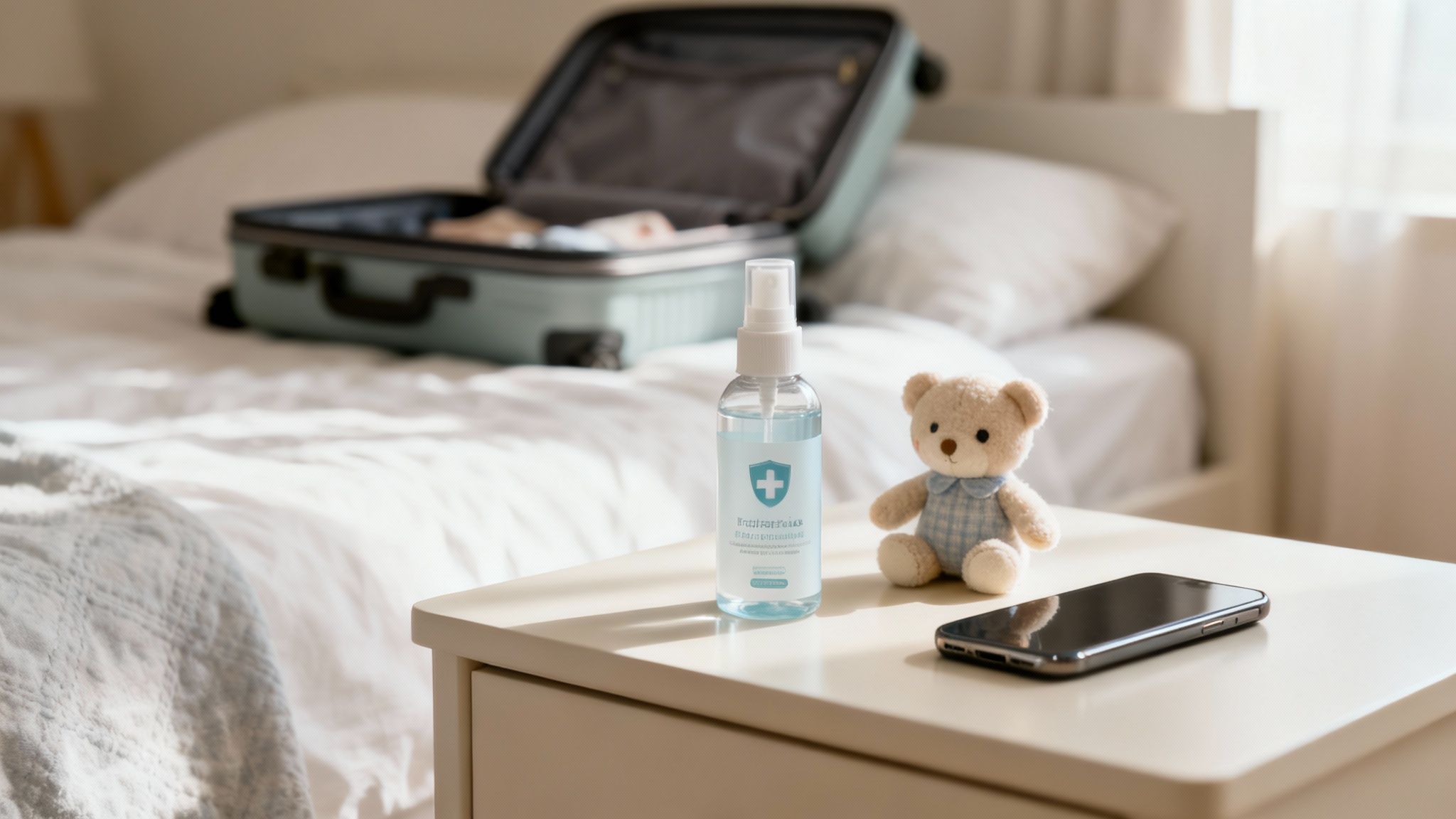A person using a travel size disinfectant spray on a hotel room door handle