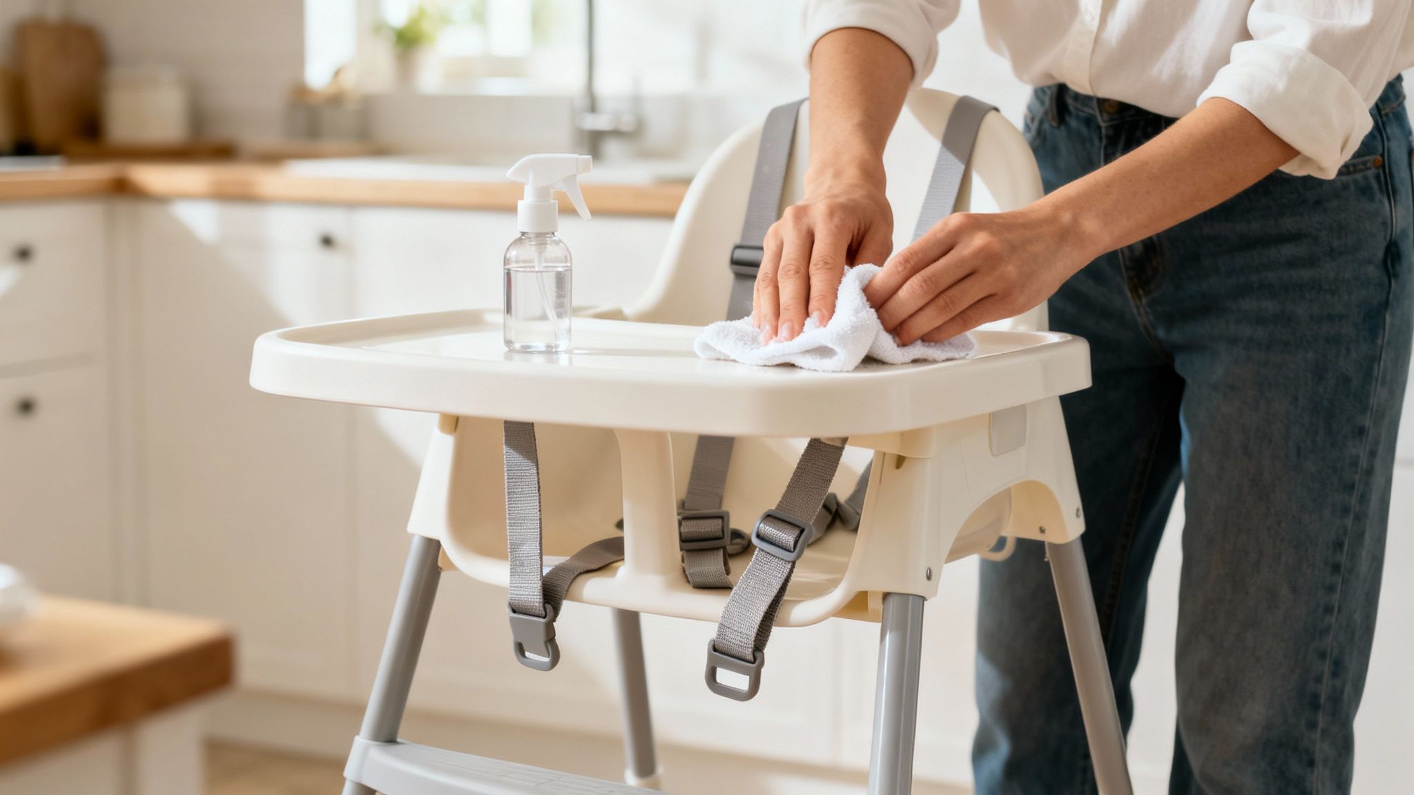A person cleaning a baby high chair with a white cloth and spray bottle in a bright kitchen.