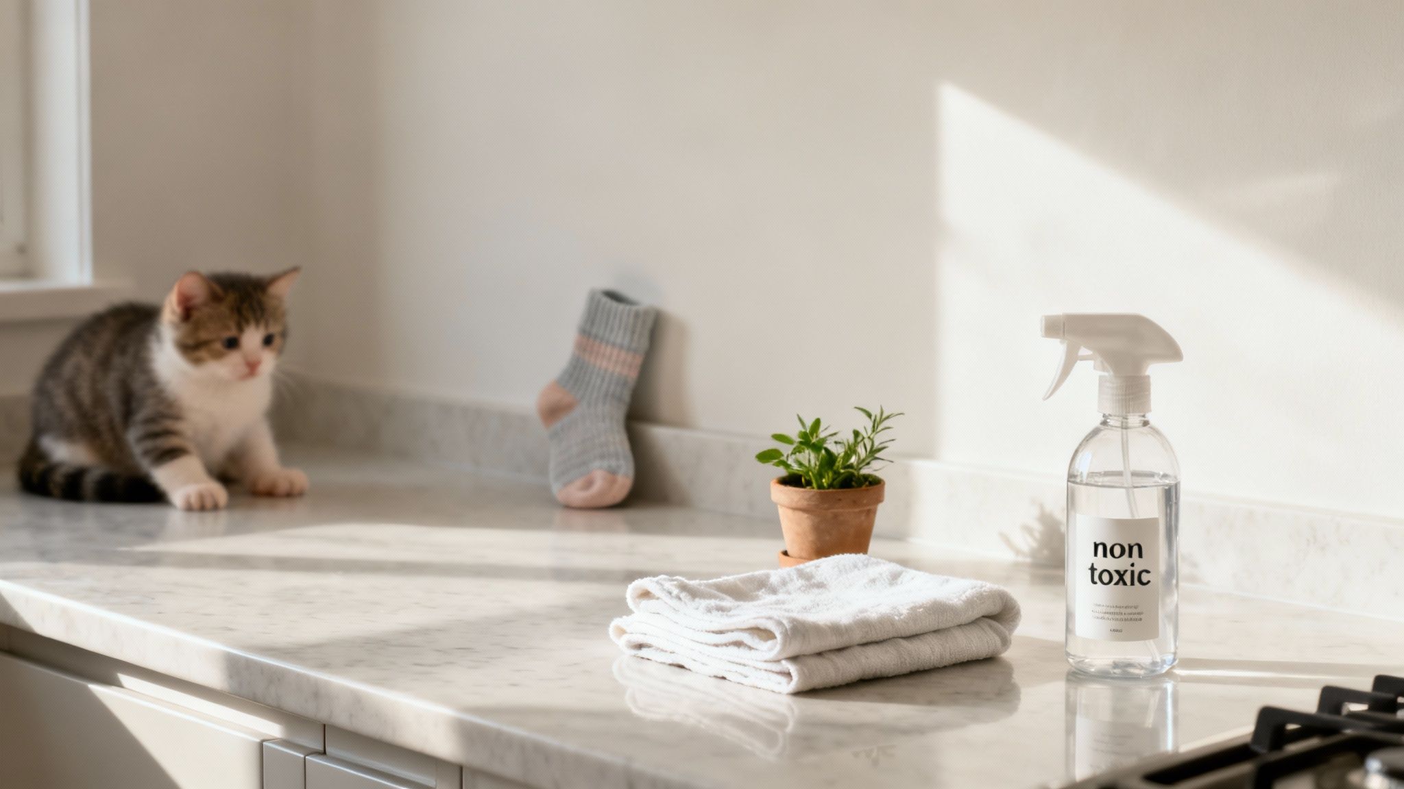 A person safely cleaning a kitchen counter with a non toxic spray, with a child and a pet playing in the background.