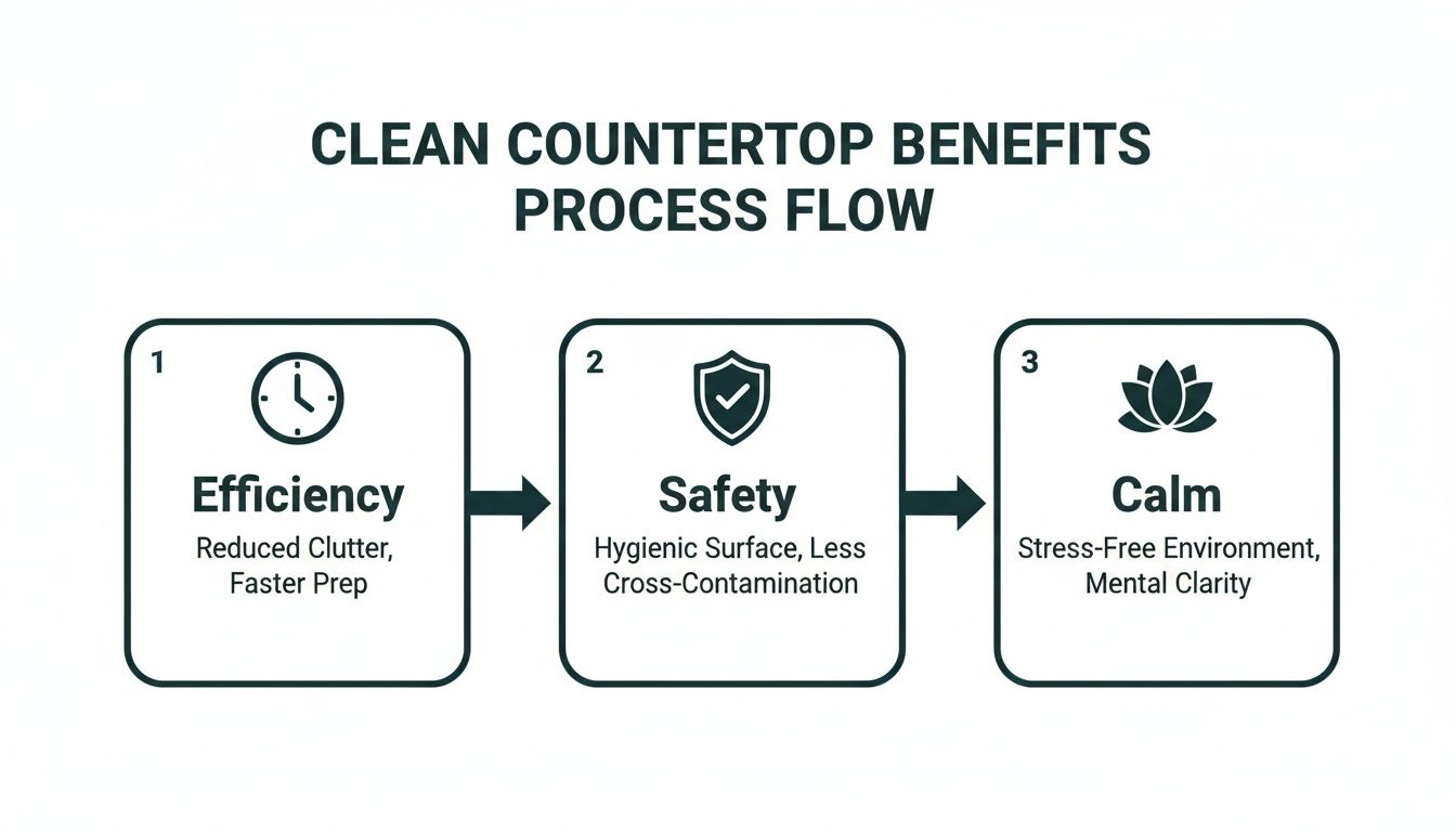 Process flow diagram illustrating three key benefits of clean countertops: efficiency, safety, and calm.