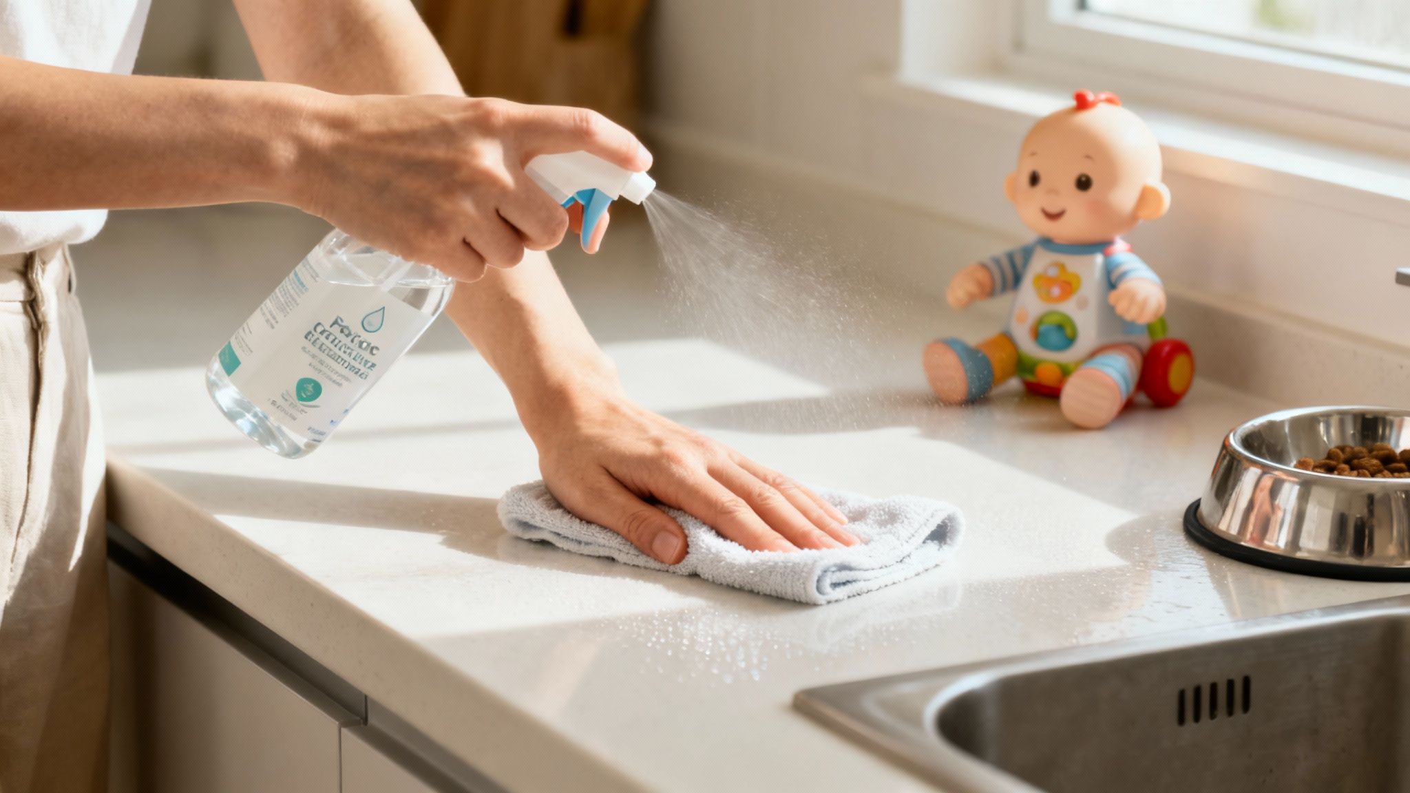 A hand gently spraying a kitchen counter with a clear, residue-free cleaning solution.