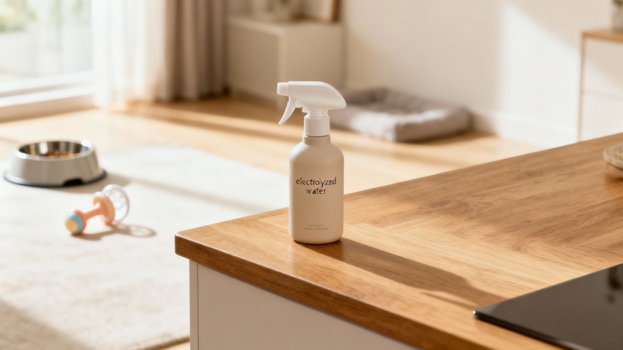 A beige electrolyzed water spray bottle on a wooden kitchen counter in a sunlit home interior.