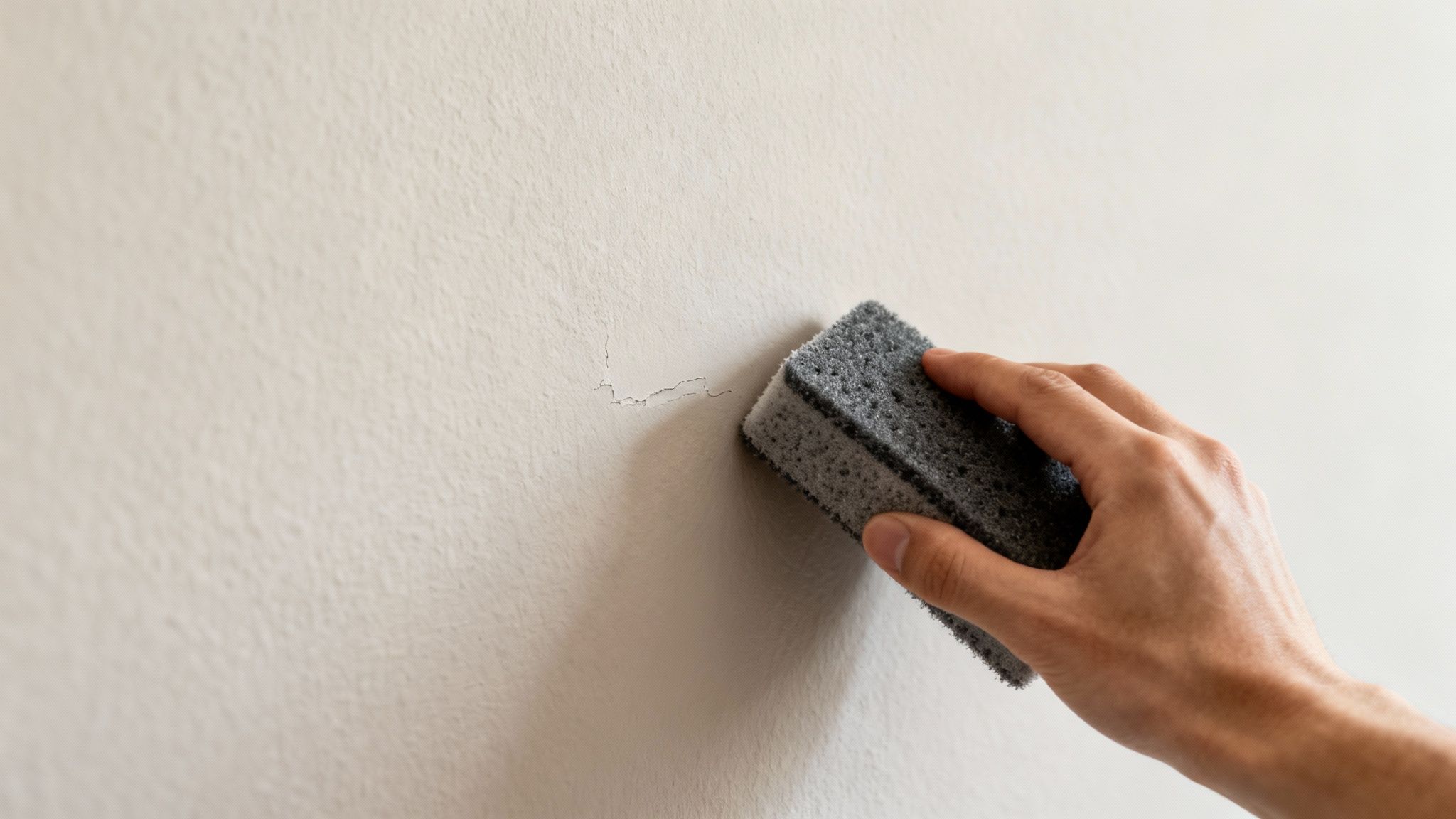 A hand holding a gray sponge cleans a textured, light-colored wall with small cracks.