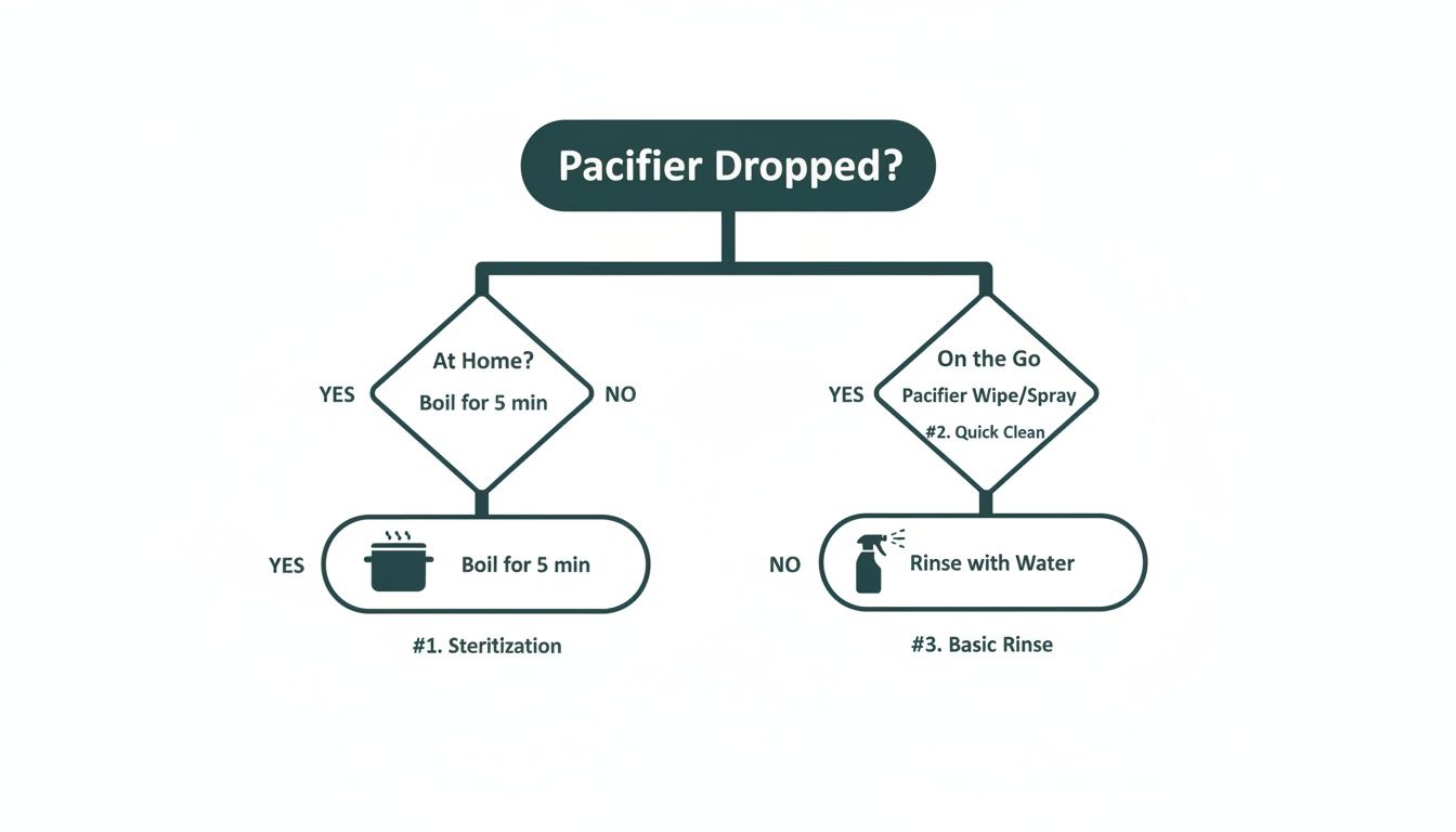 A flowchart illustrates how to clean a dropped pacifier based on whether you are at home or on the go.