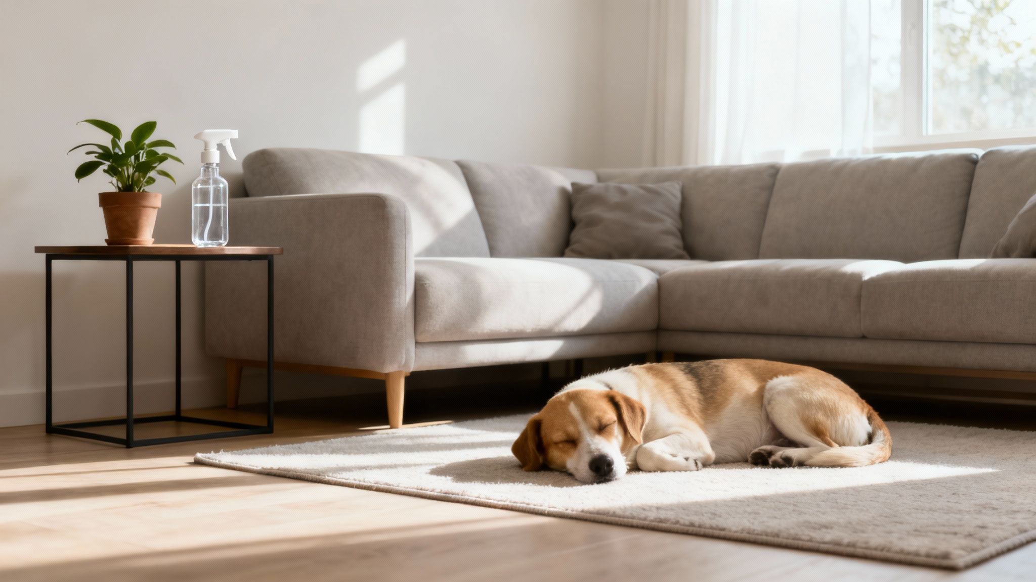 A calm and tidy living room, bathed in soft, natural light, conveying a sense of safety and peace.