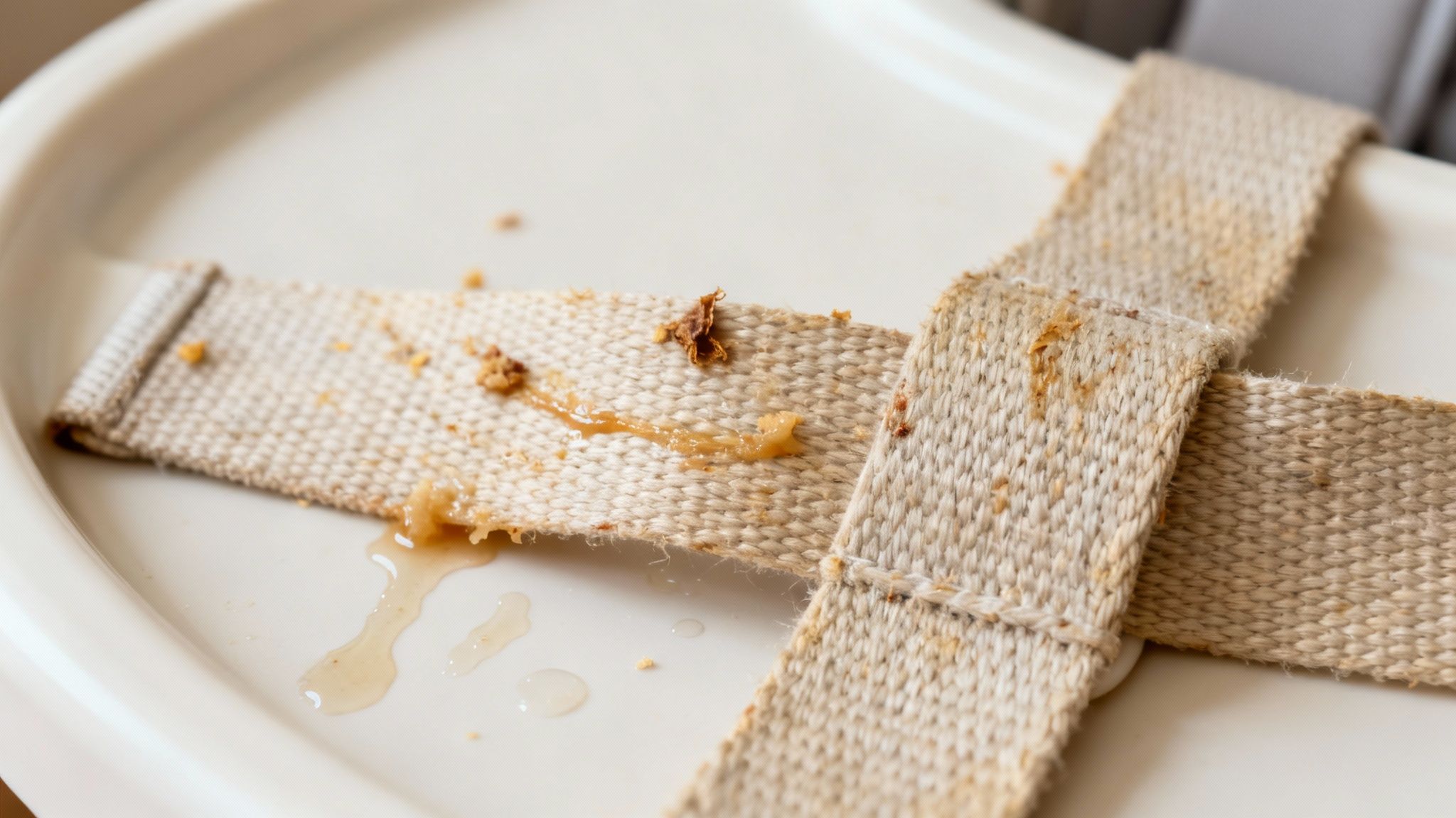 Close-up of dirty high chair straps covered in food crumbs and liquid spills on a white tray.