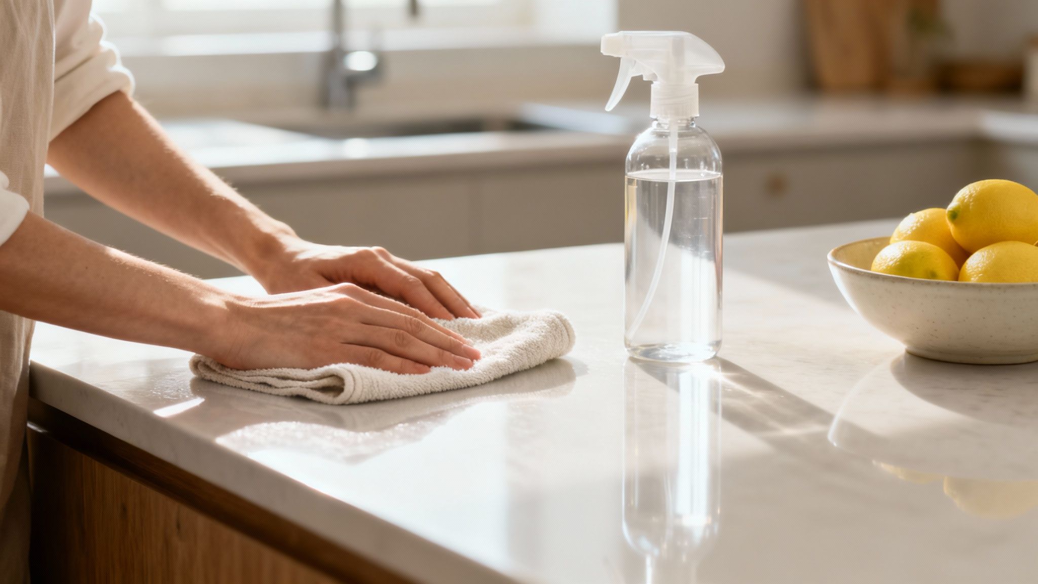 Hands cleaning a kitchen counter with a cloth and spray bottle, with a bowl of lemons nearby.