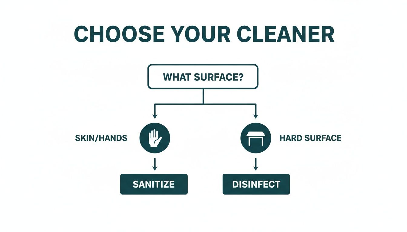 A flowchart guides on choosing cleaners: sanitize for skin/hands, disinfect for hard surfaces based on 'What surface?'.