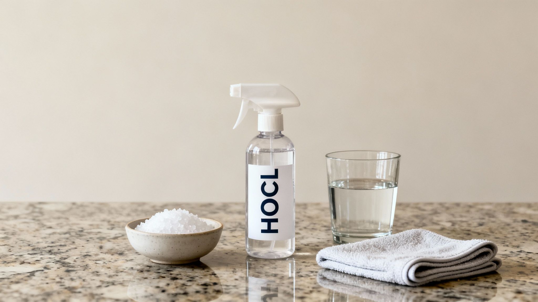 Ingredients for HOCL cleaner: salt, water, and HOCL spray bottle on a granite counter with a cloth.