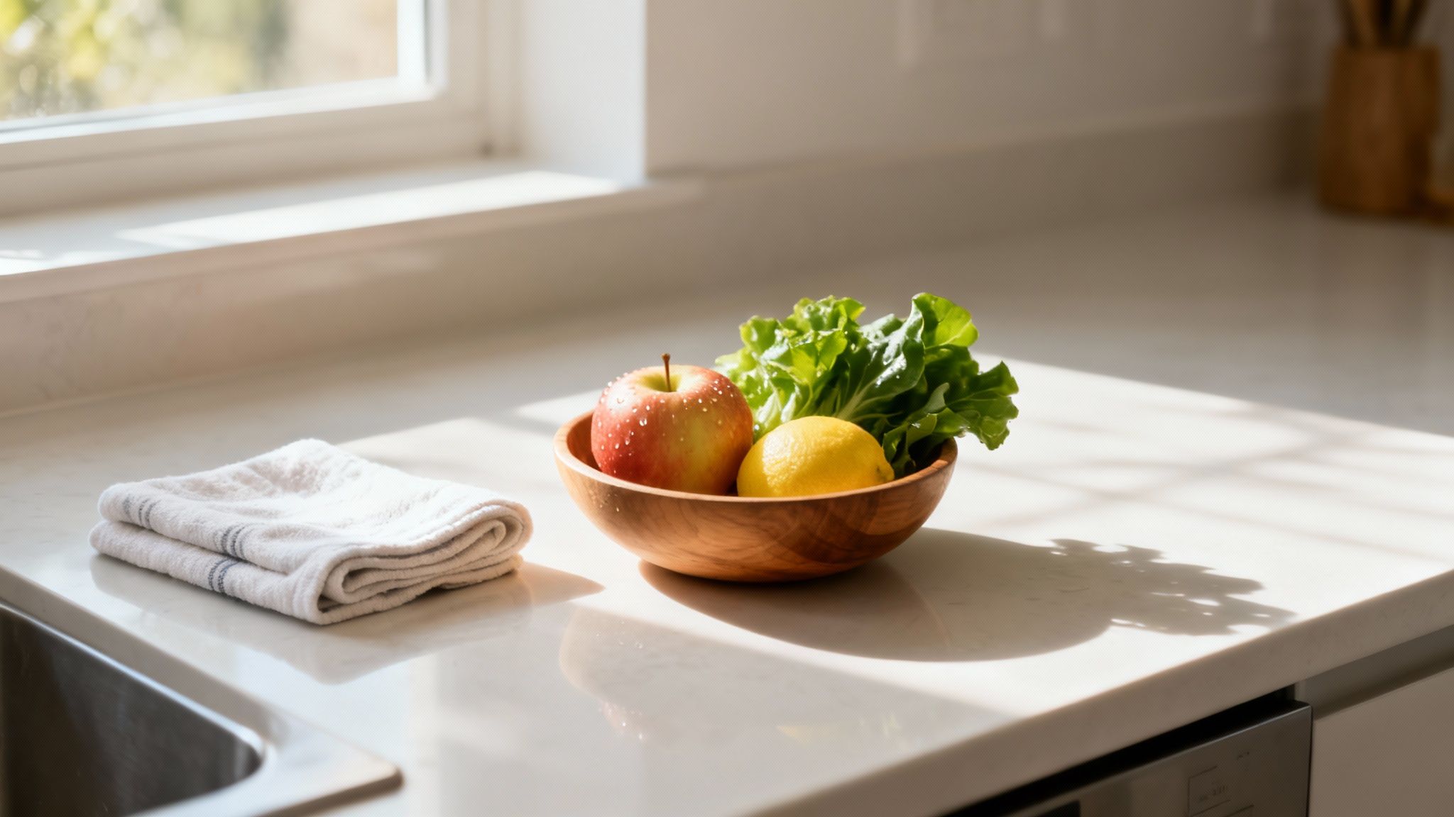 Fresh fruits and vegetables being washed in a clean kitchen sink