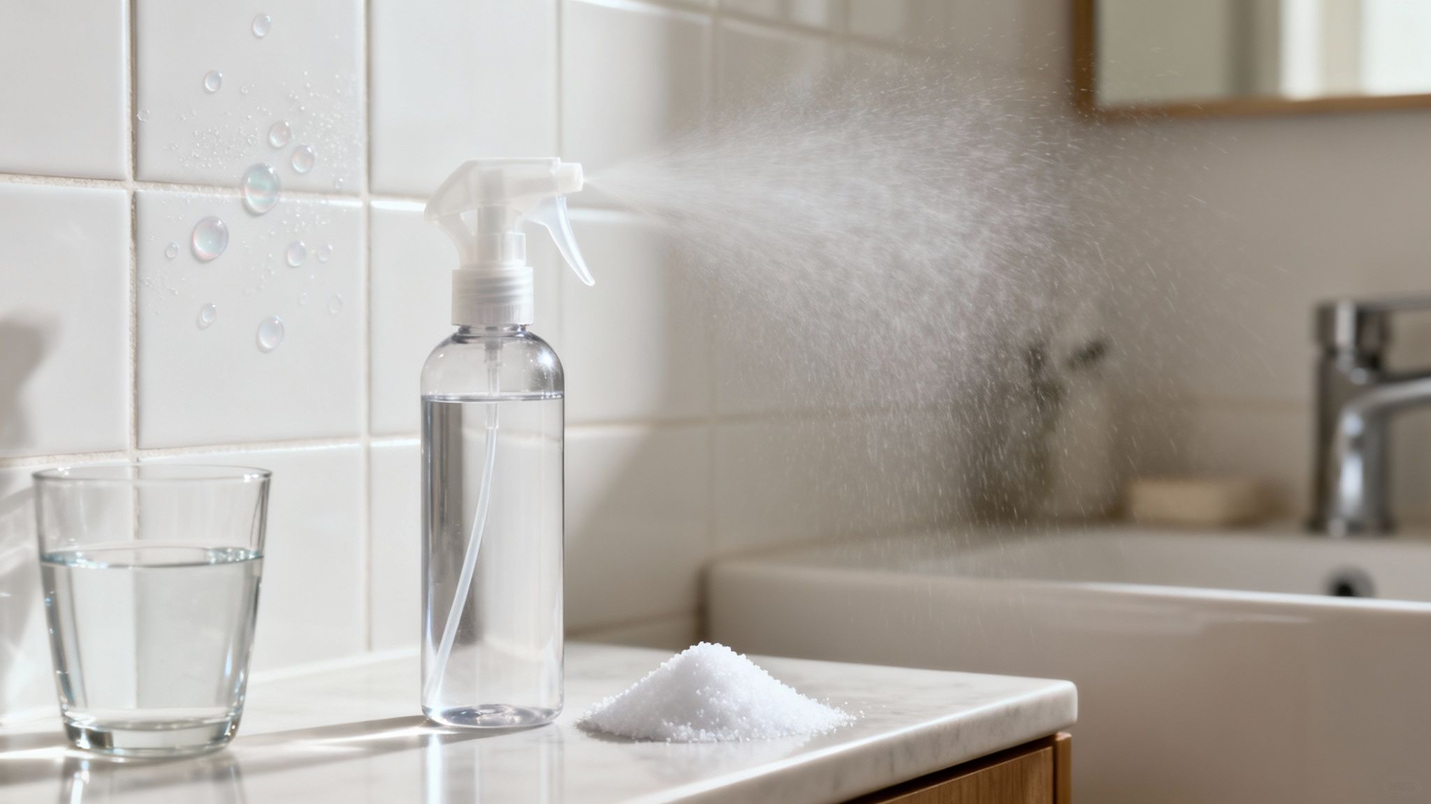A clear spray bottle emitting mist, a glass of water, and white cleaning powder on a bathroom counter.
