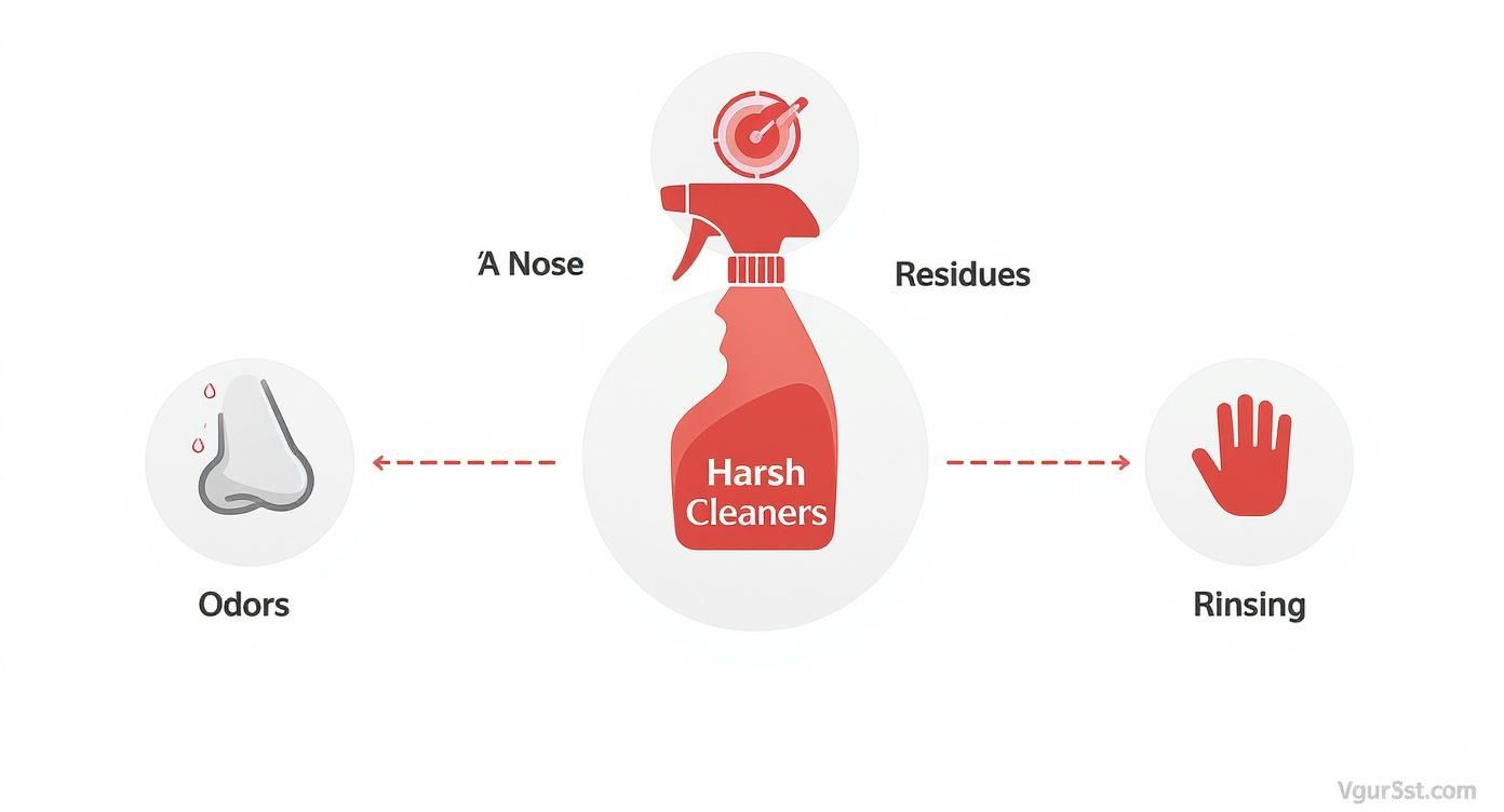An infographic showing the problems with harsh chemical cleaners, including strong odors, sticky residues, and the need for rinsing.