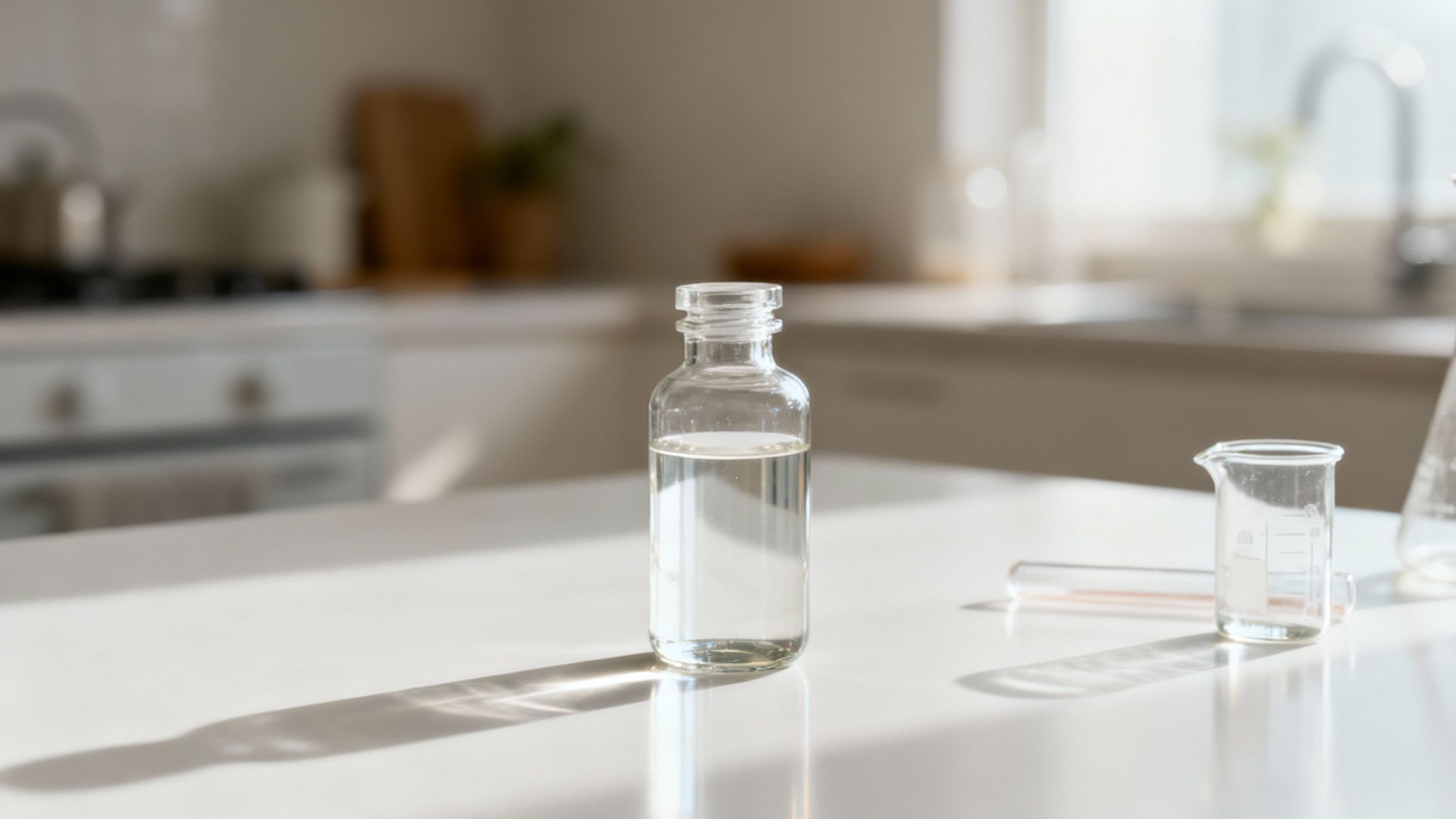 A clear glass bottle with cleaning liquid, a beaker, and test tube on a white kitchen counter.