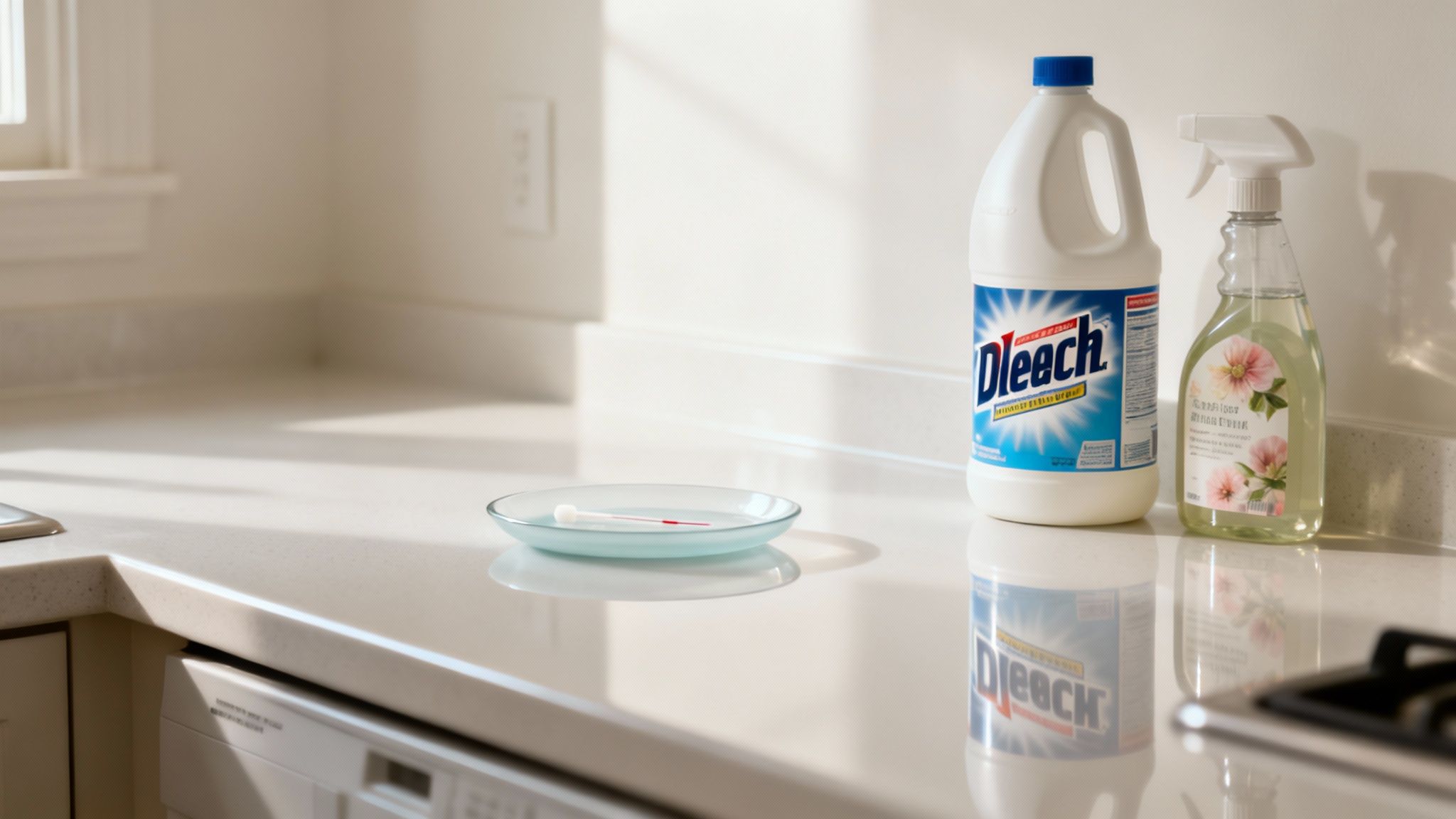 Cleaning supplies including a bleach bottle and a floral spray cleaner on a white kitchen counter.