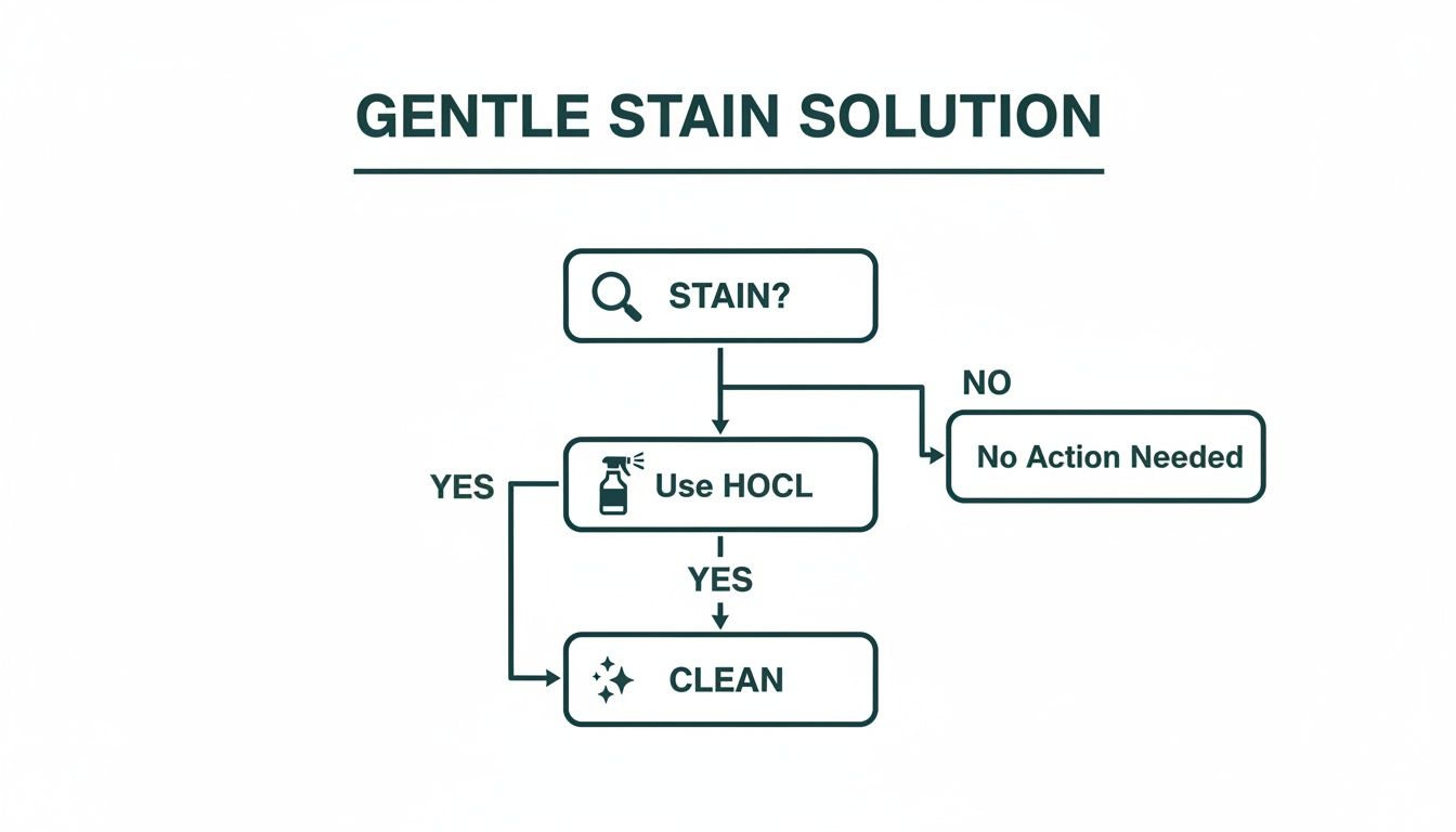 Flowchart titled 'Gentle Stain Solution' showing steps to remove a stain using HOCL.