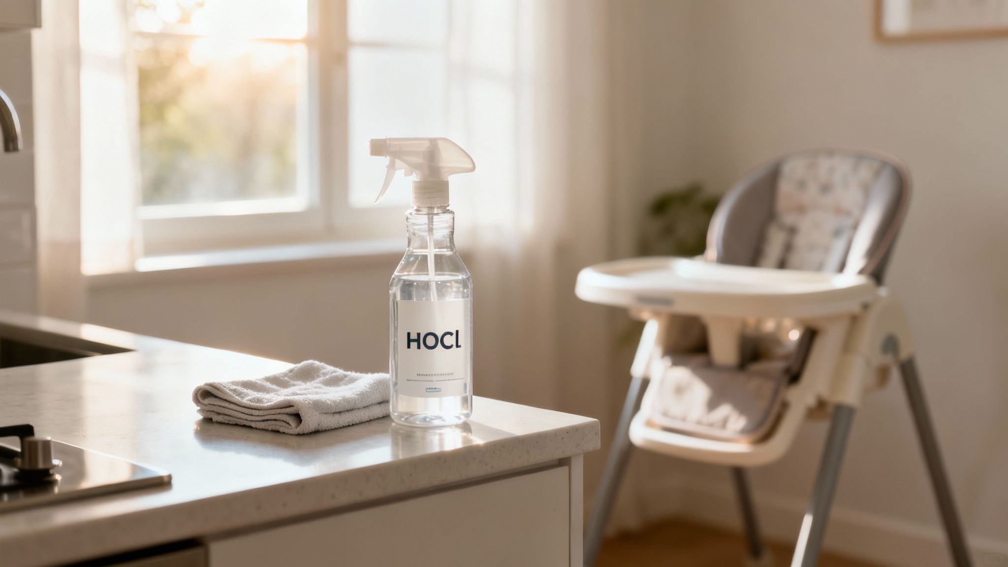 A clear HOCL spray bottle and a white cloth on a kitchen counter near a baby's high chair.