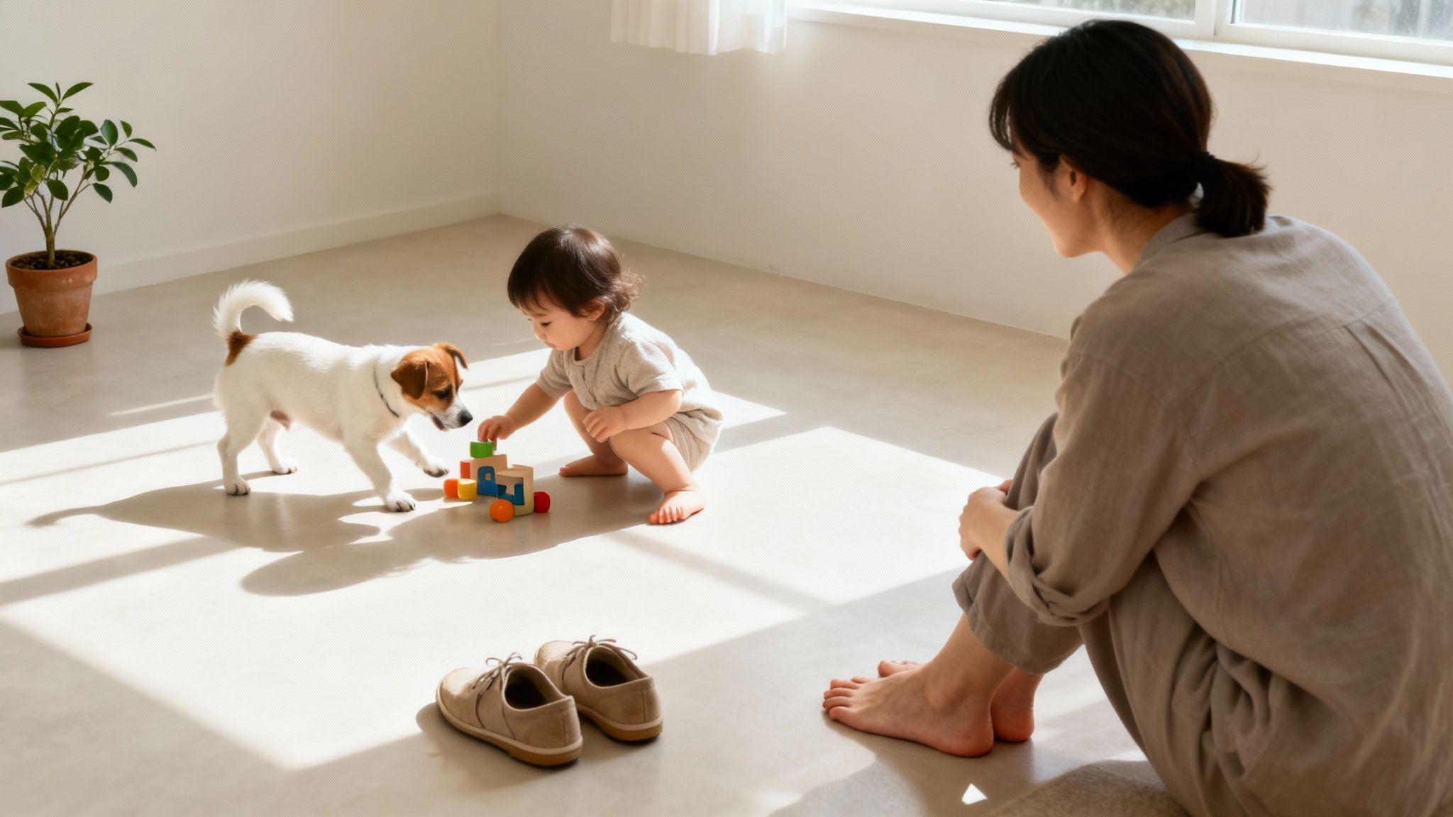 A baby and dog play with colorful blocks while an adult watches on a sunny floor.