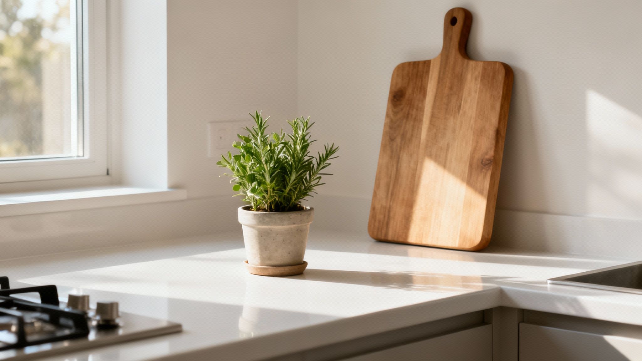 A bright, clean kitchen with white countertops and minimalist decor, emphasizing a calm and safe environment.