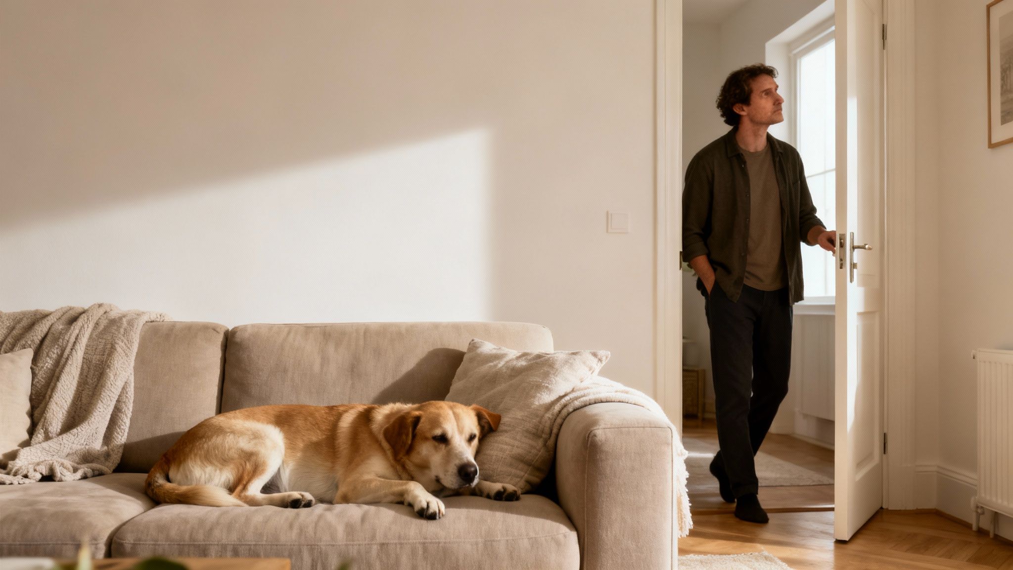 A man enters a sunlit living room while a dog sleeps peacefully on a beige sofa.