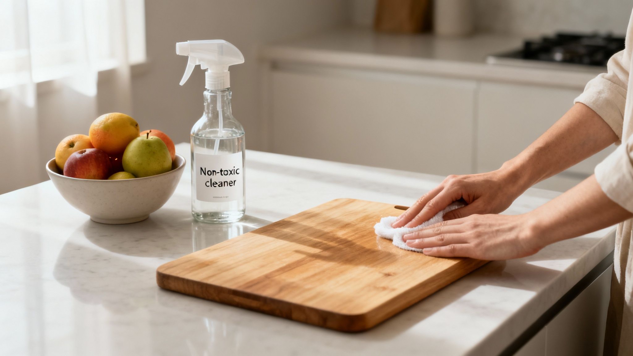Hands cleaning a cutting board next to a non-toxic cleaner spray bottle and a bowl of fruit.
