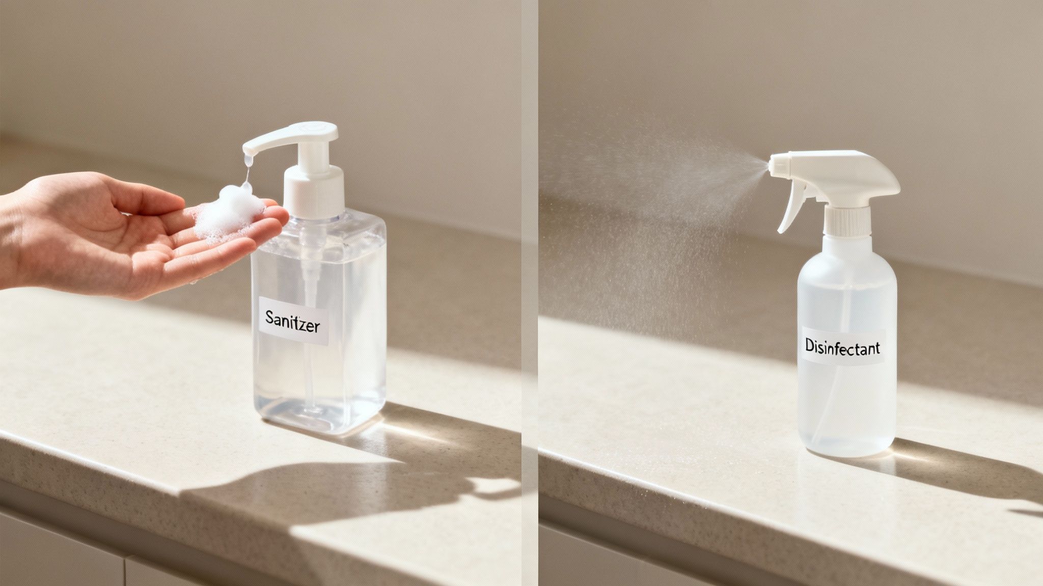 A hand getting foam from a sanitizer pump bottle and a disinfectant spray bottle in action.