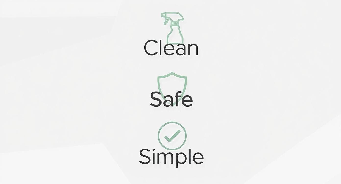 Three core values represented by icons: Clean with a spray bottle, Safe with a shield, and Simple with a checkmark.