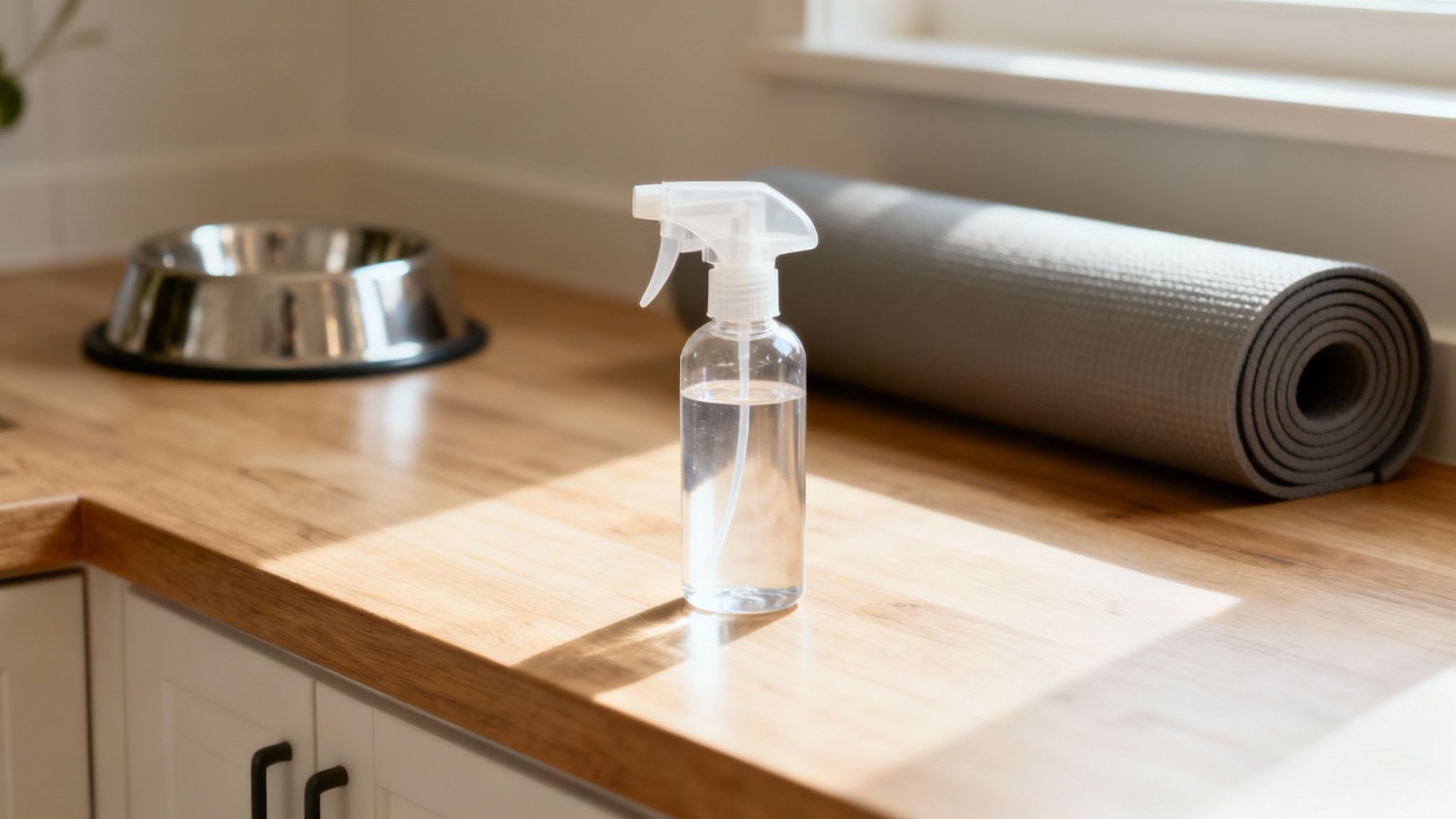 A clear spray bottle, rolled yoga mat, and pet bowl on a sunlit wooden counter.