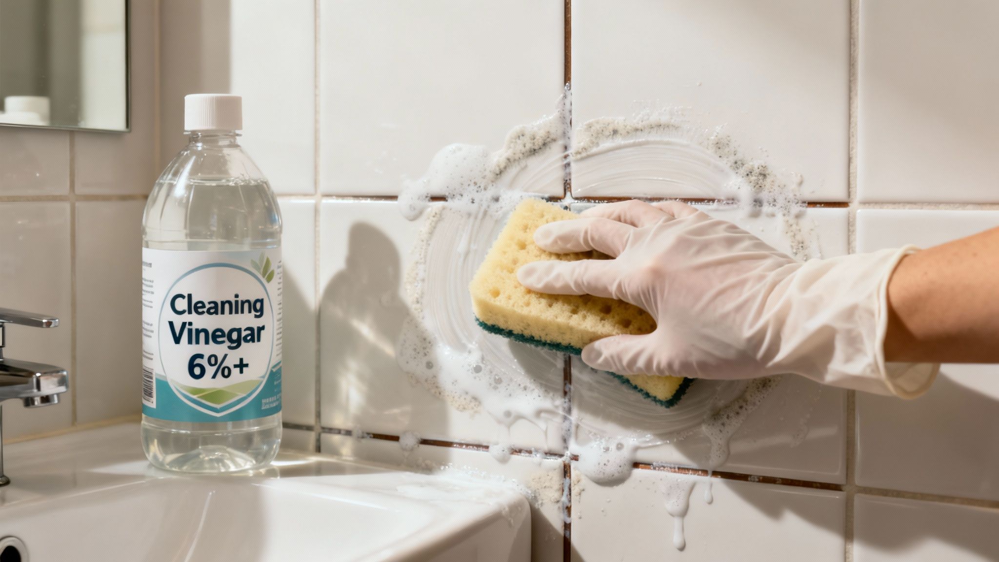 A person wearing gloves carefully pours cleaning vinegar into a spray bottle on a tiled bathroom surface.