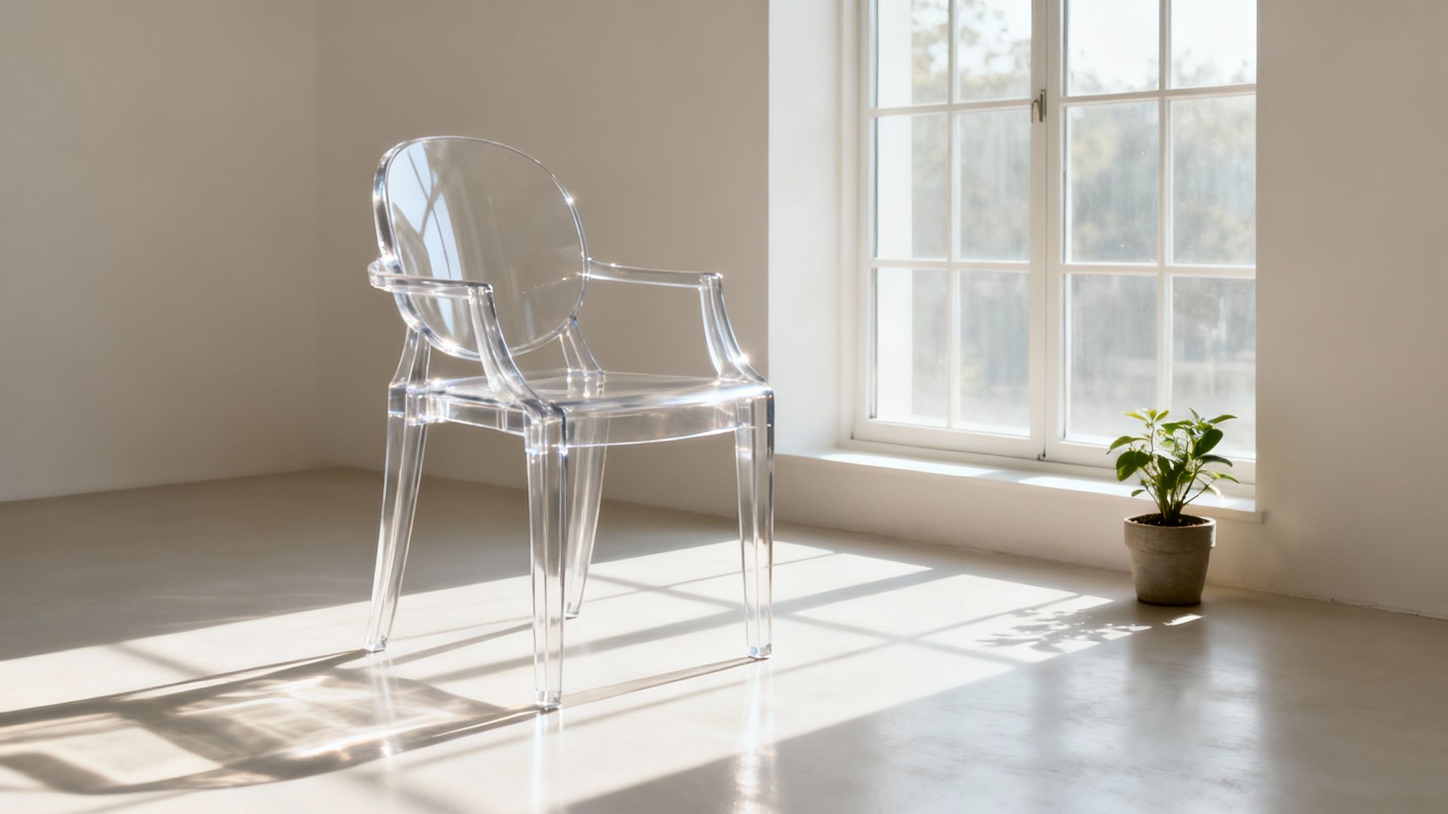 Clear acrylic chair with a plant, representing long-term care for acrylic pieces.