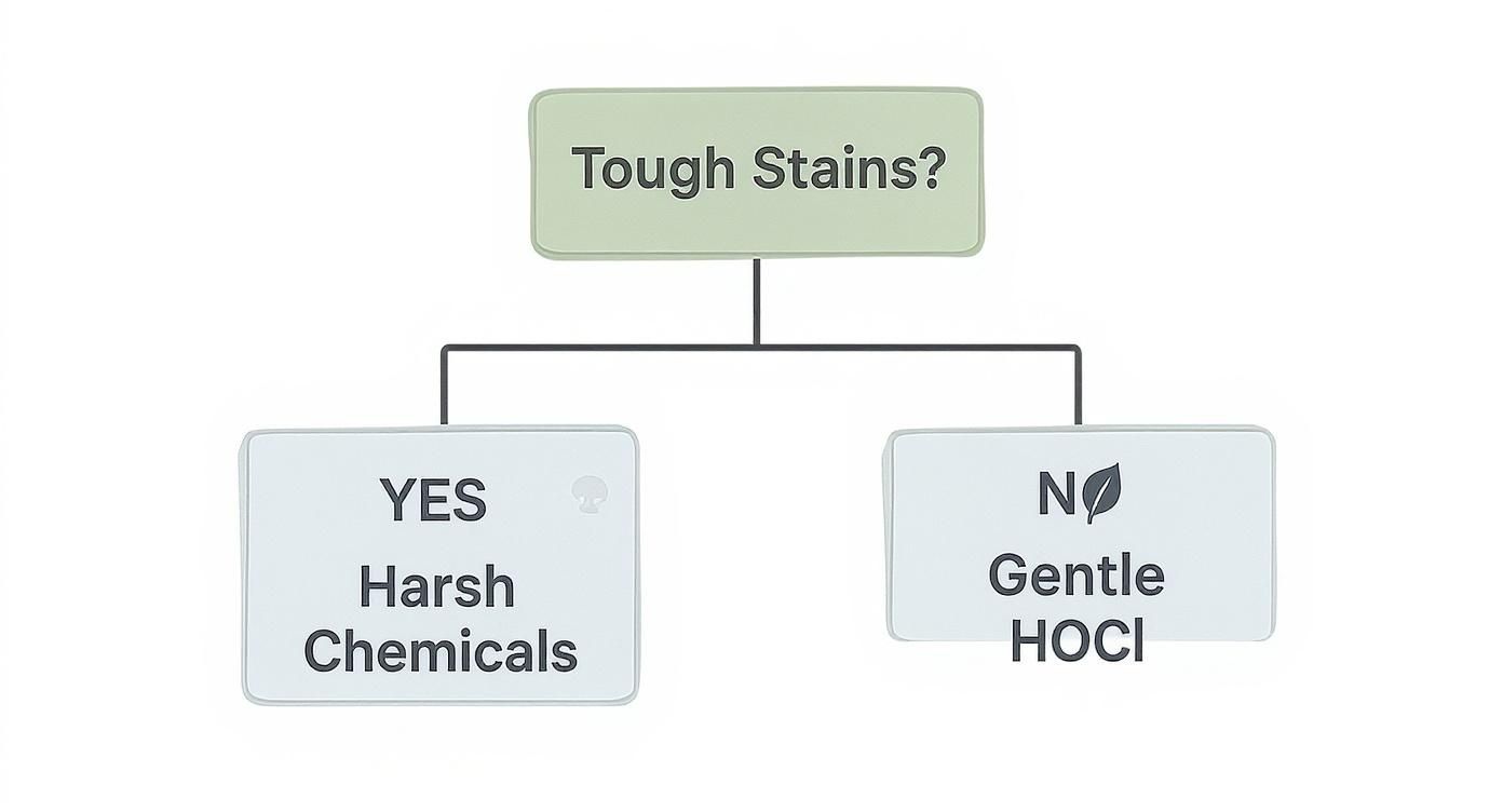 A flowchart asking 'Tough Stains?'. If 'YES', use 'Harsh Chemicals'. If 'NO', use 'Gentle HOCI'.