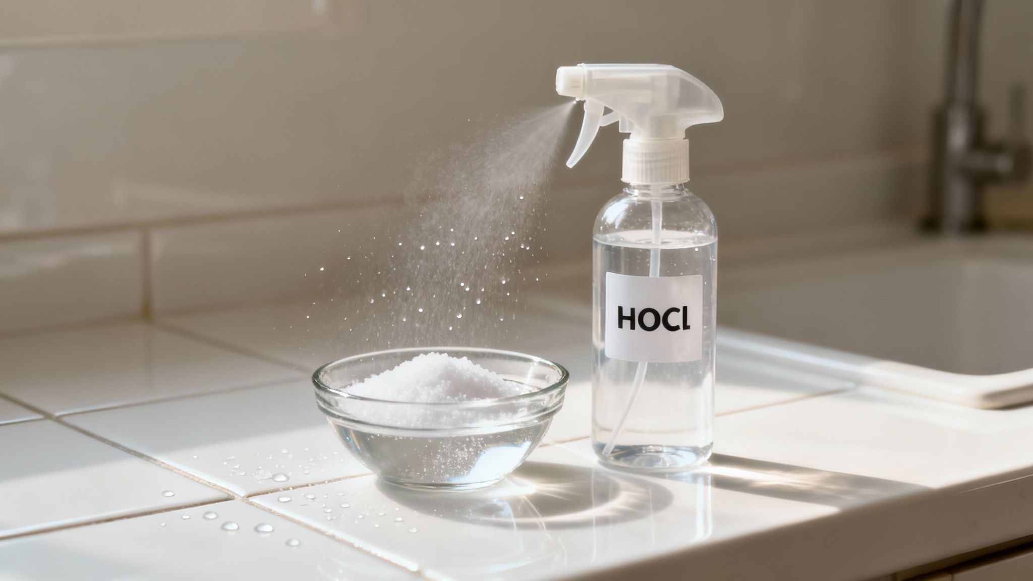 A clear bottle of liquid with bubbles, suggesting the scientific process of creating HOCl.