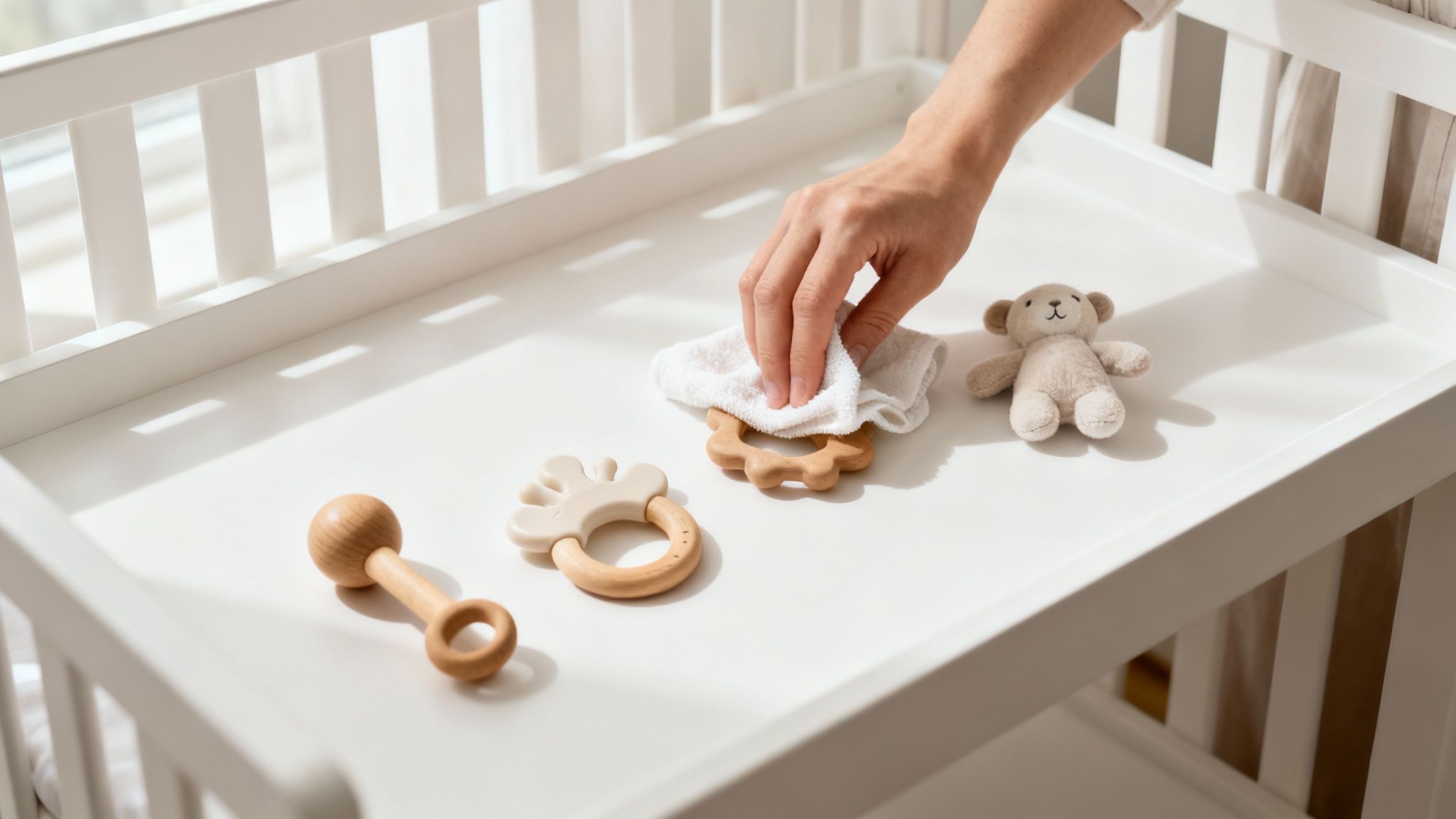 A baby playing with clean, colorful toys in a bright, safe environment.