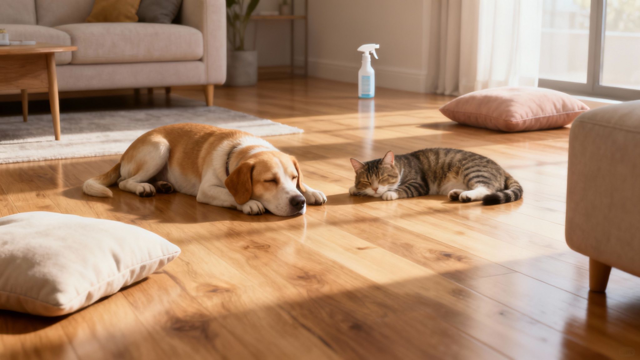 A happy dog and cat sitting together on a clean wooden floor in a sunlit home.