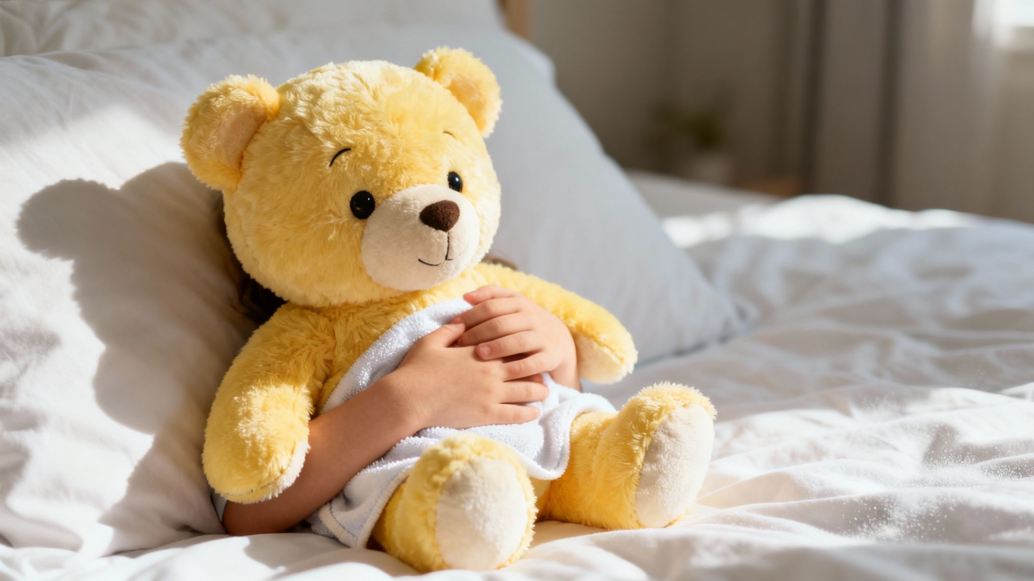 Child's hands embracing a fluffy yellow teddy bear on a soft white bed with sunlight.