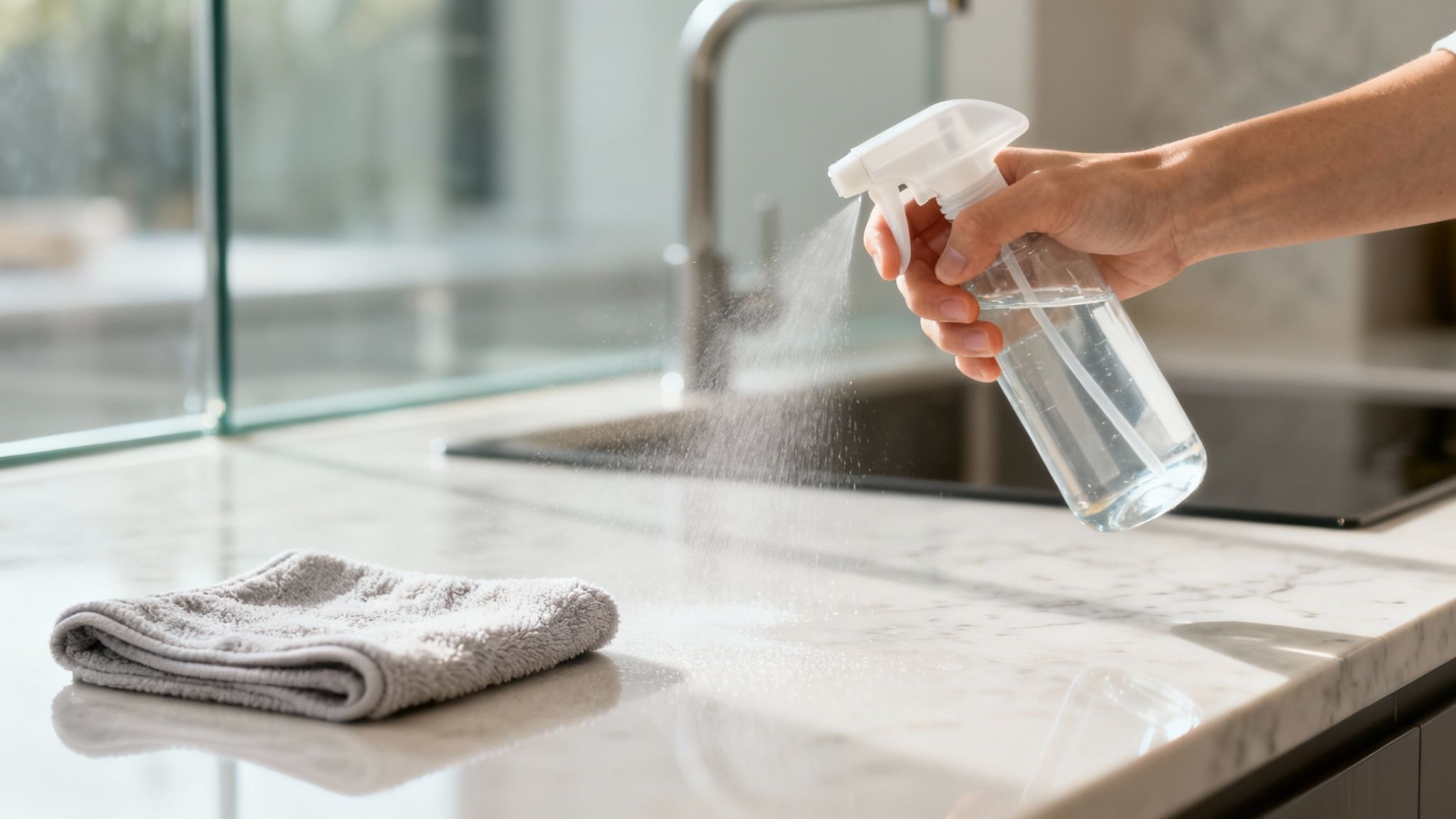 A person effortlessly wiping a clean kitchen countertop with a soft cloth and a non-toxic cleaner.